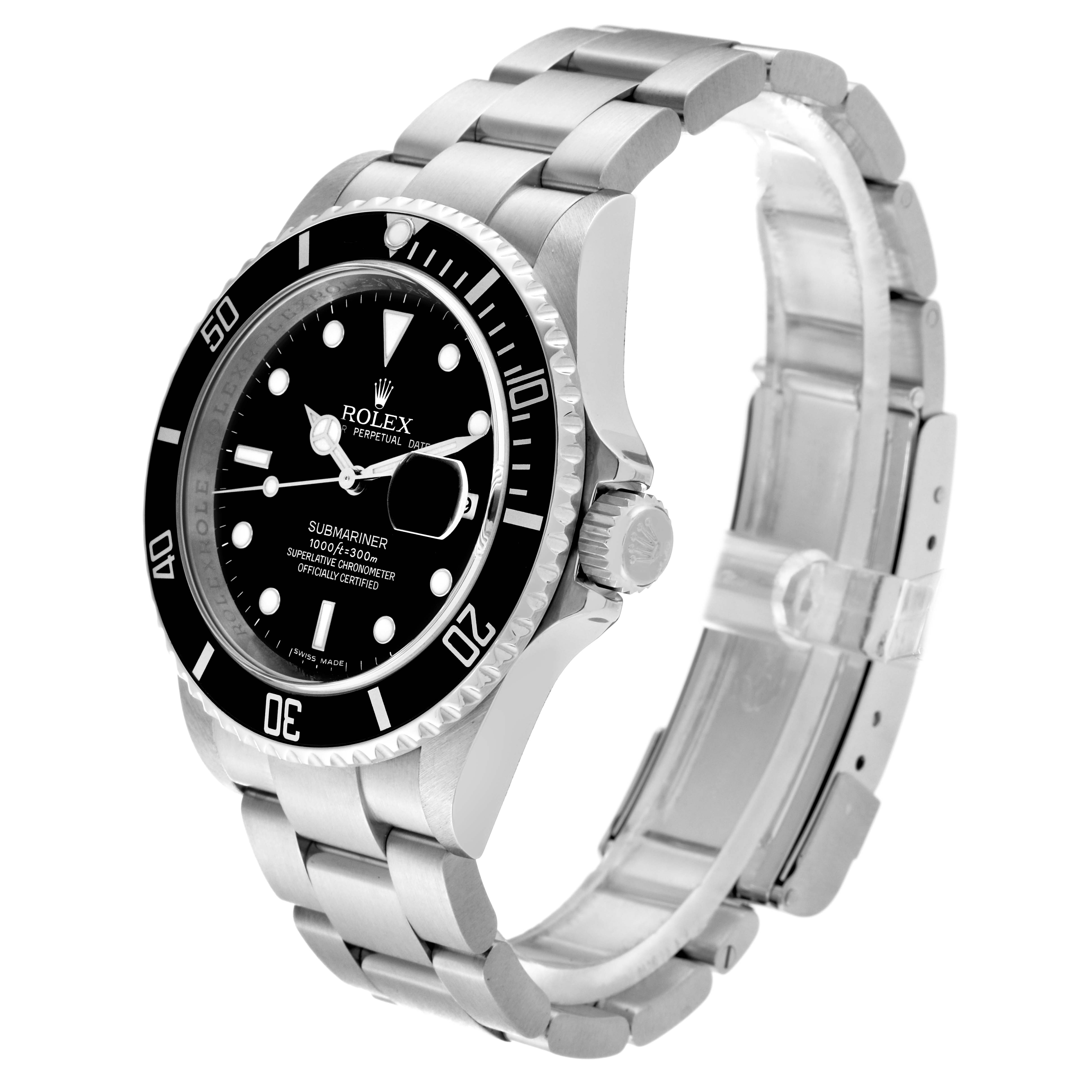 The Rolex Submariner 16610 Men
s Stainless Steel Black Dial 16610 Men
s Stainless Steel Black Dial watch is shown at a slight angle, displaying the bezel, crown, and stainless steel bracelet.