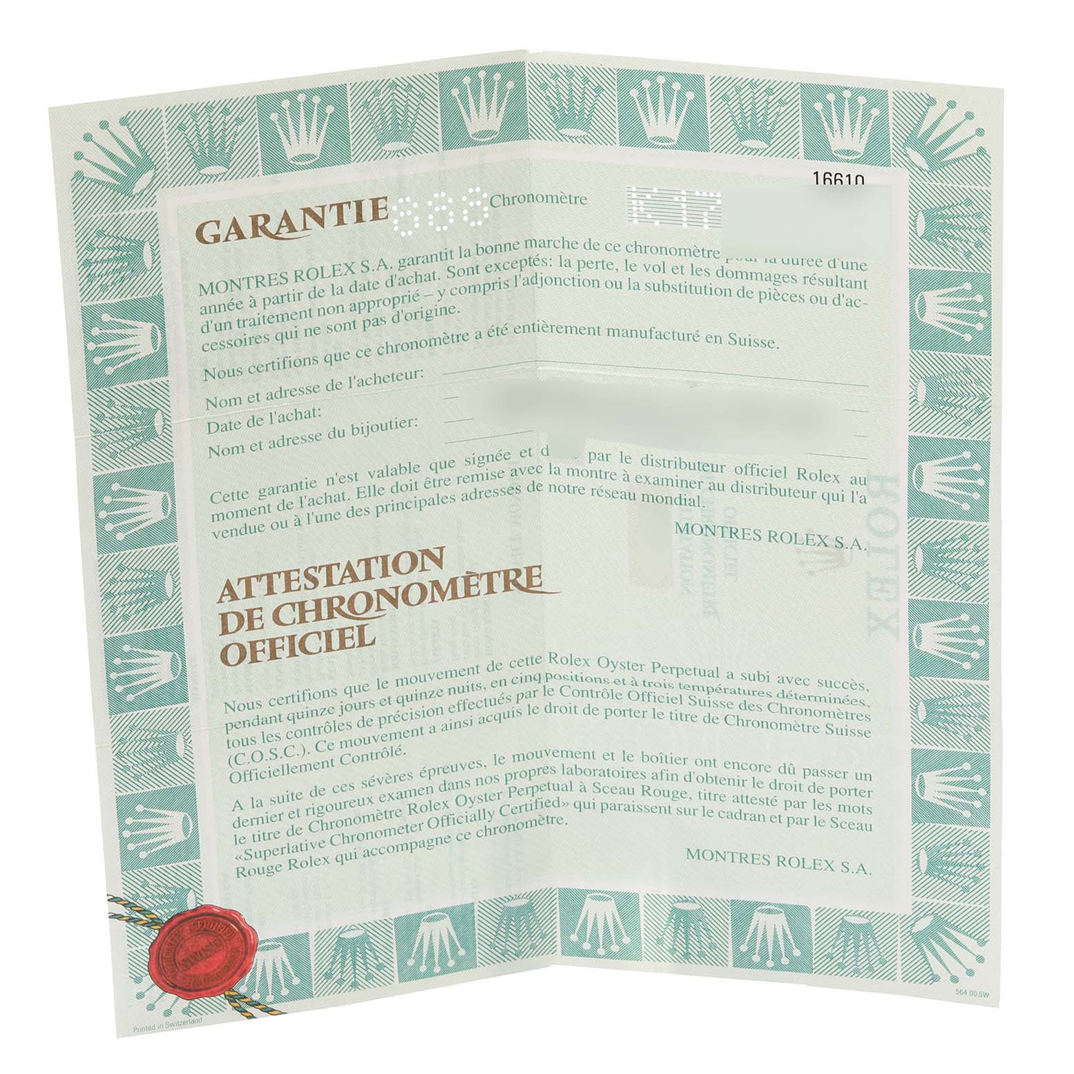 The image shows the warranty card and official chronometer certification for the Rolex Submariner 16610 Men
s Stainless Steel Black Dial 16610 Men
s Stainless Steel Black Dial watch, featuring text and logos.