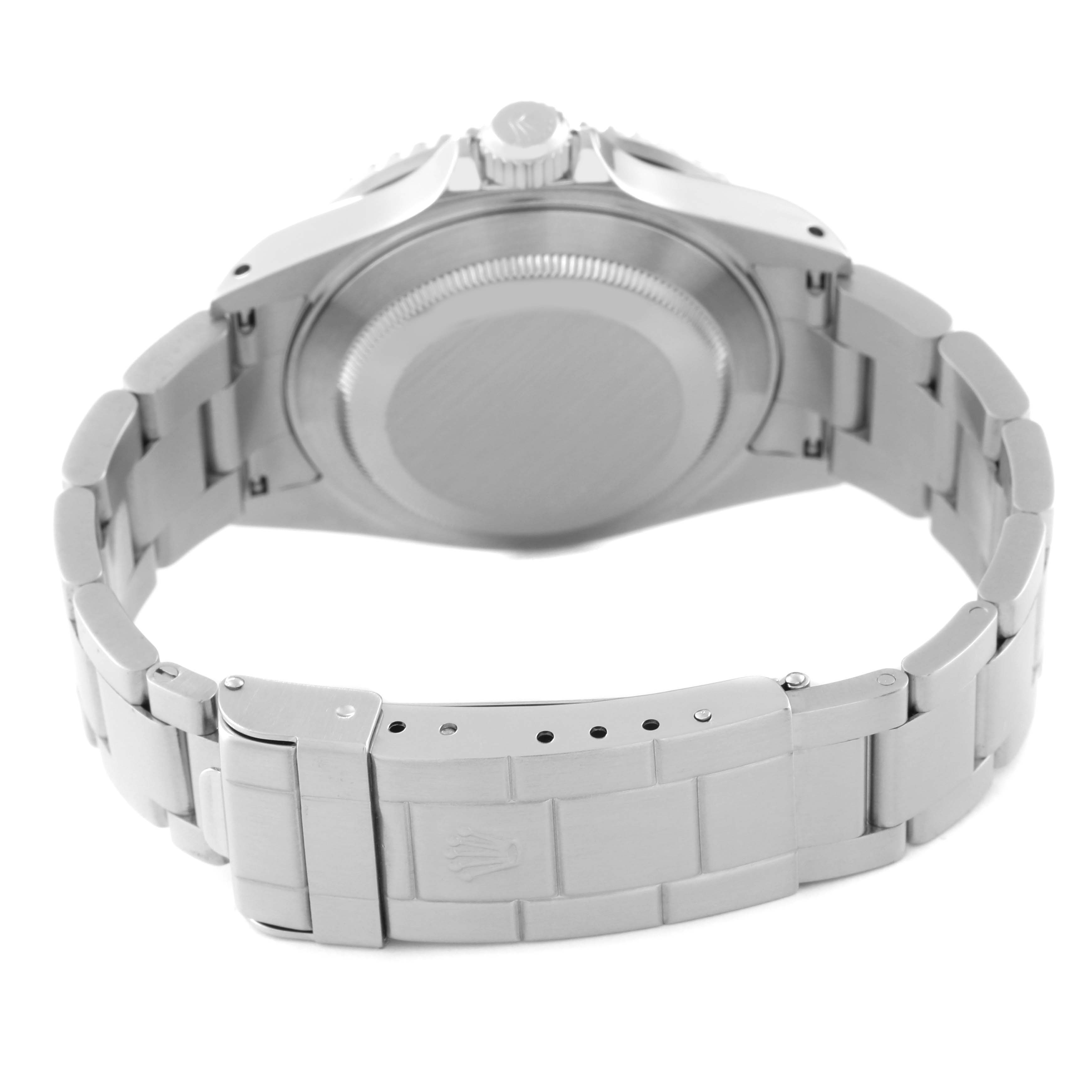 This image shows the back case and bracelet clasp of a Rolex Submariner 16610 Men
s Stainless Steel Black Dial 16610 Men
s Stainless Steel Black Dial watch, viewed from the rear.