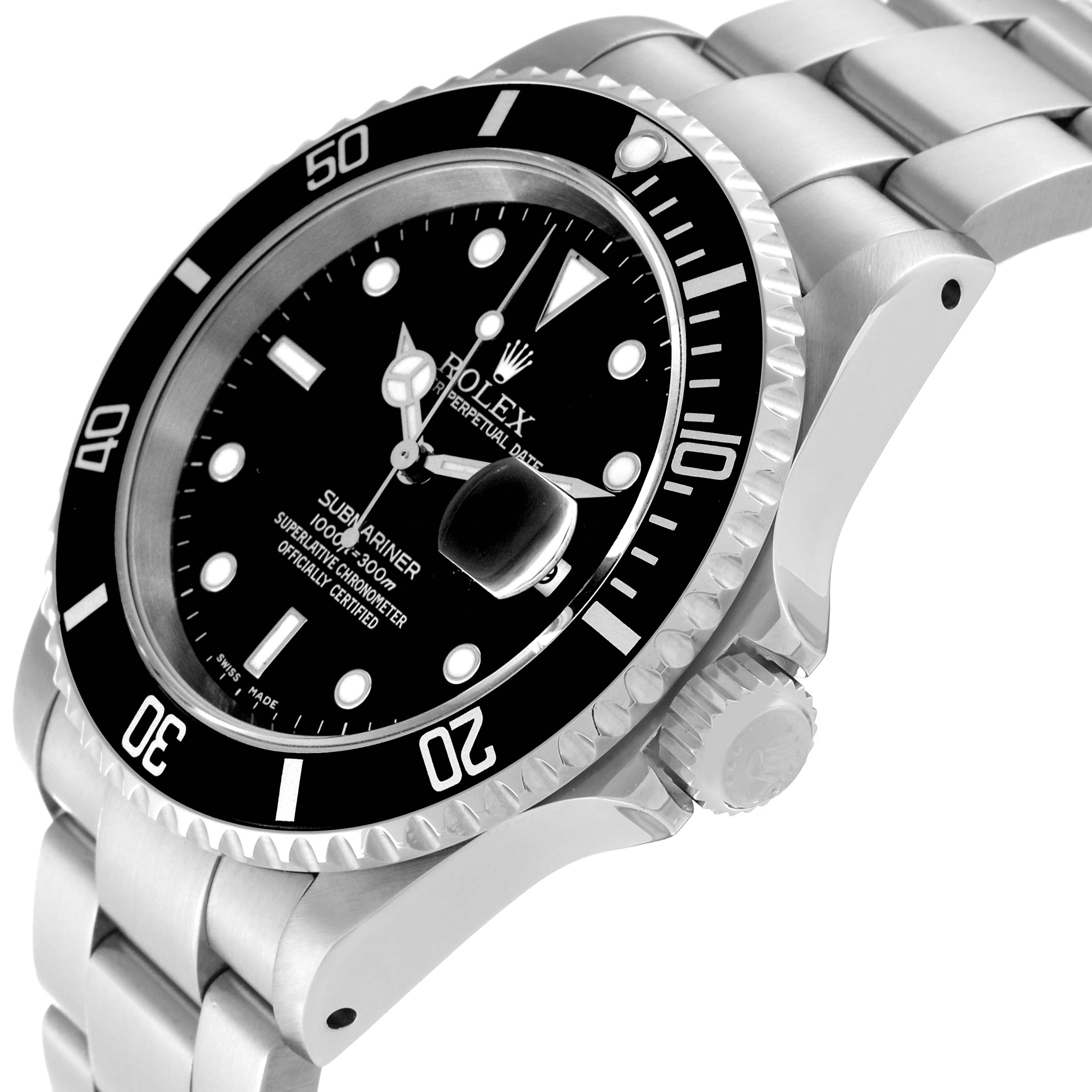 The image shows a Rolex Submariner 16610 Men
s Stainless Steel Black Dial 16610 Men
s Stainless Steel Black Dial watch at a right-side angle, highlighting the bezel, dial, crown, and part of the bracelet.