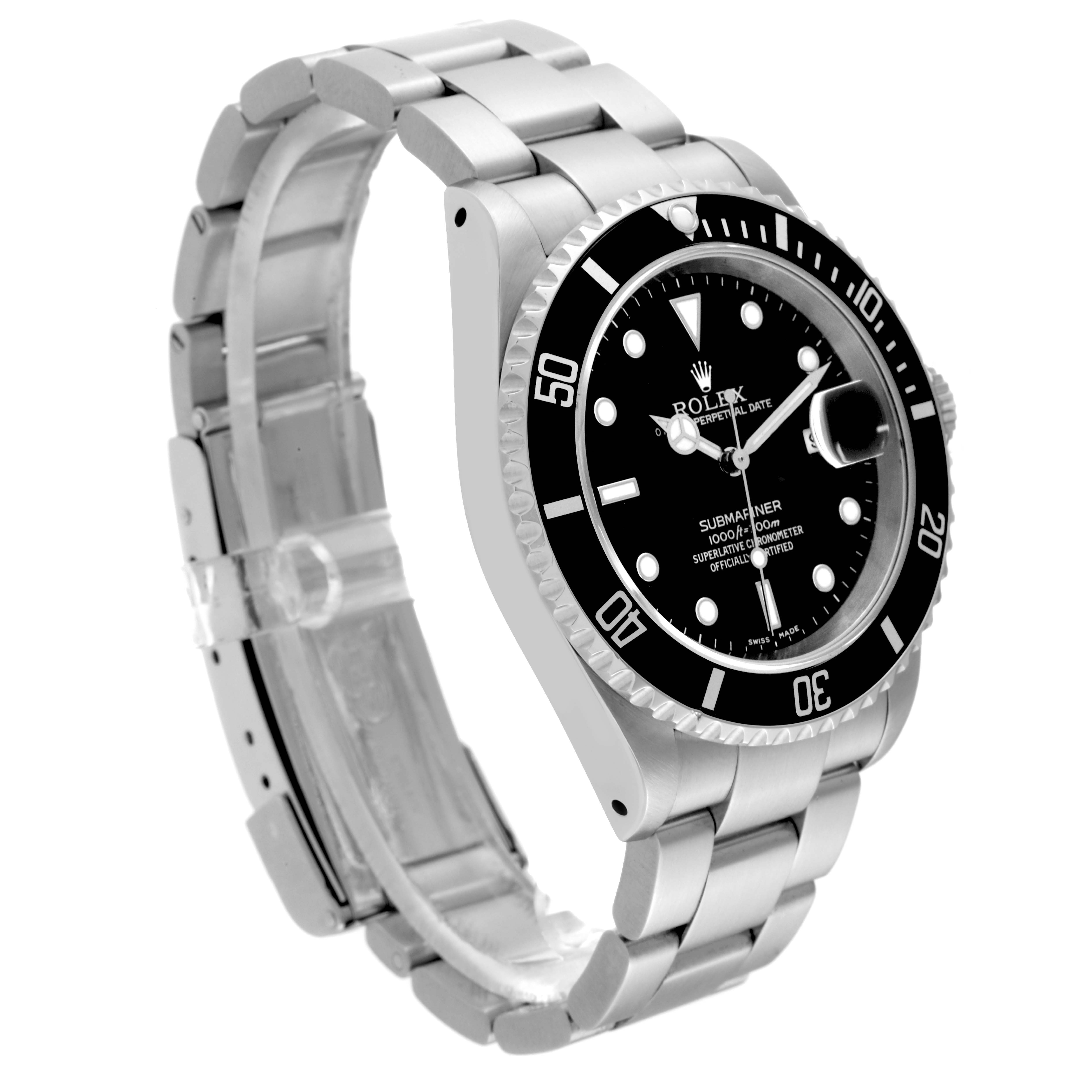 The Rolex Submariner 16610 Men
s Stainless Steel Black Dial 16610 Men
s Stainless Steel Black Dial watch is shown at a slight side angle highlighting the dial, bezel, bracelet, and crown.