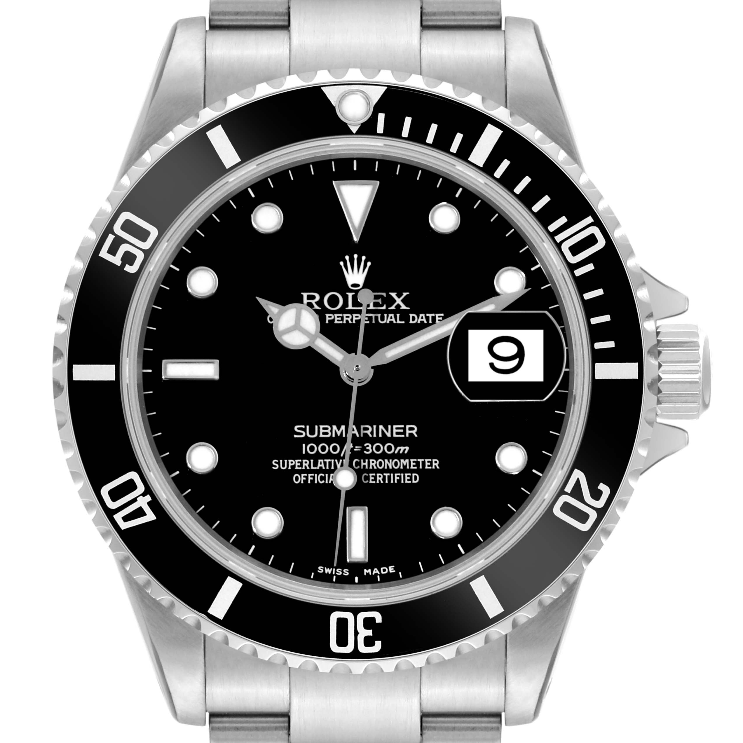This image shows a front view of the Rolex Submariner 16610 Men
s Stainless Steel Black Dial 16610 Men
s Stainless Steel Black Dial watch, displaying its dial, bezel, and bracelet.
