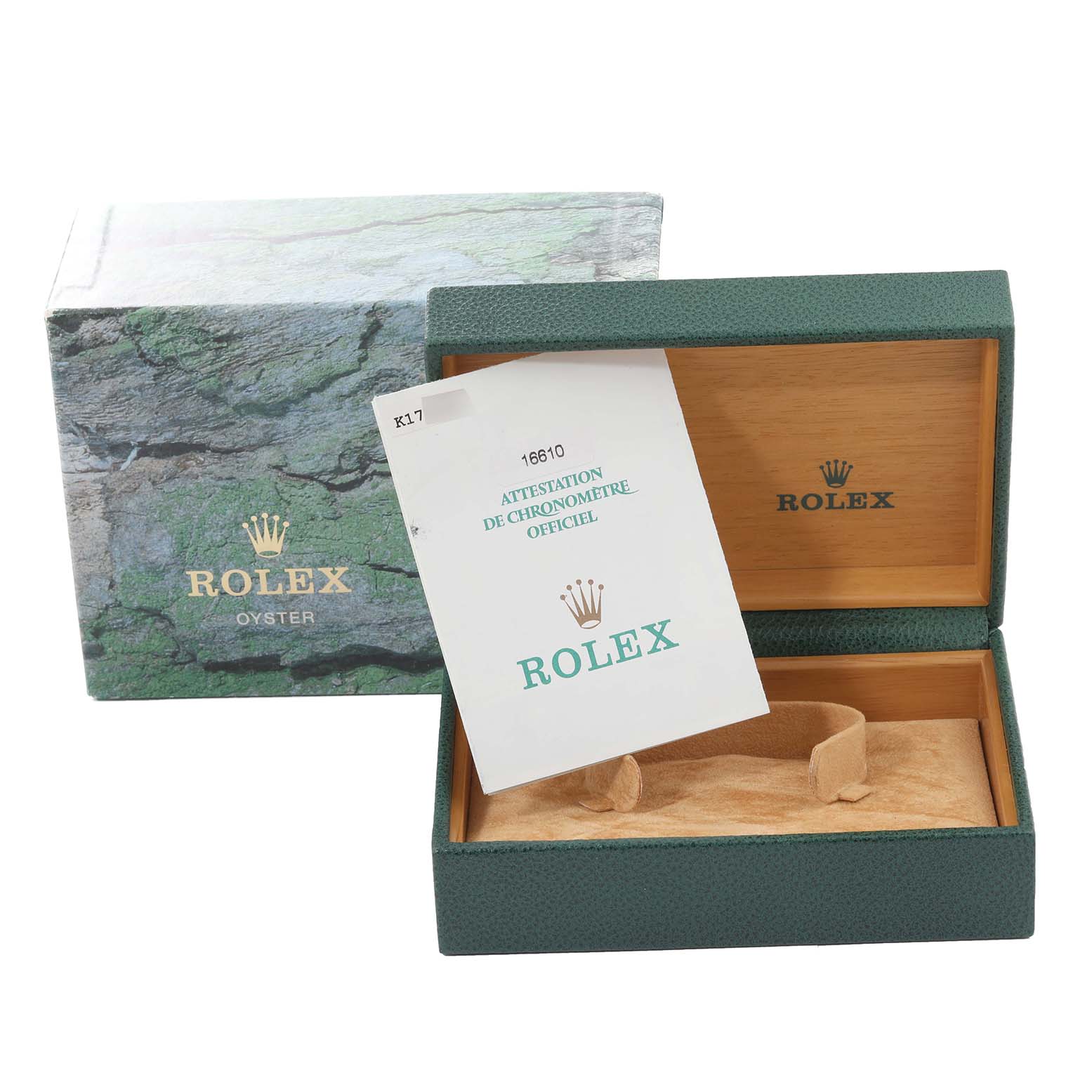 The image shows a Rolex Submariner 16610 Men
s Stainless Steel Black Dial 16610 Men
s Stainless Steel Black Dial watch box, open, with certification papers inside.