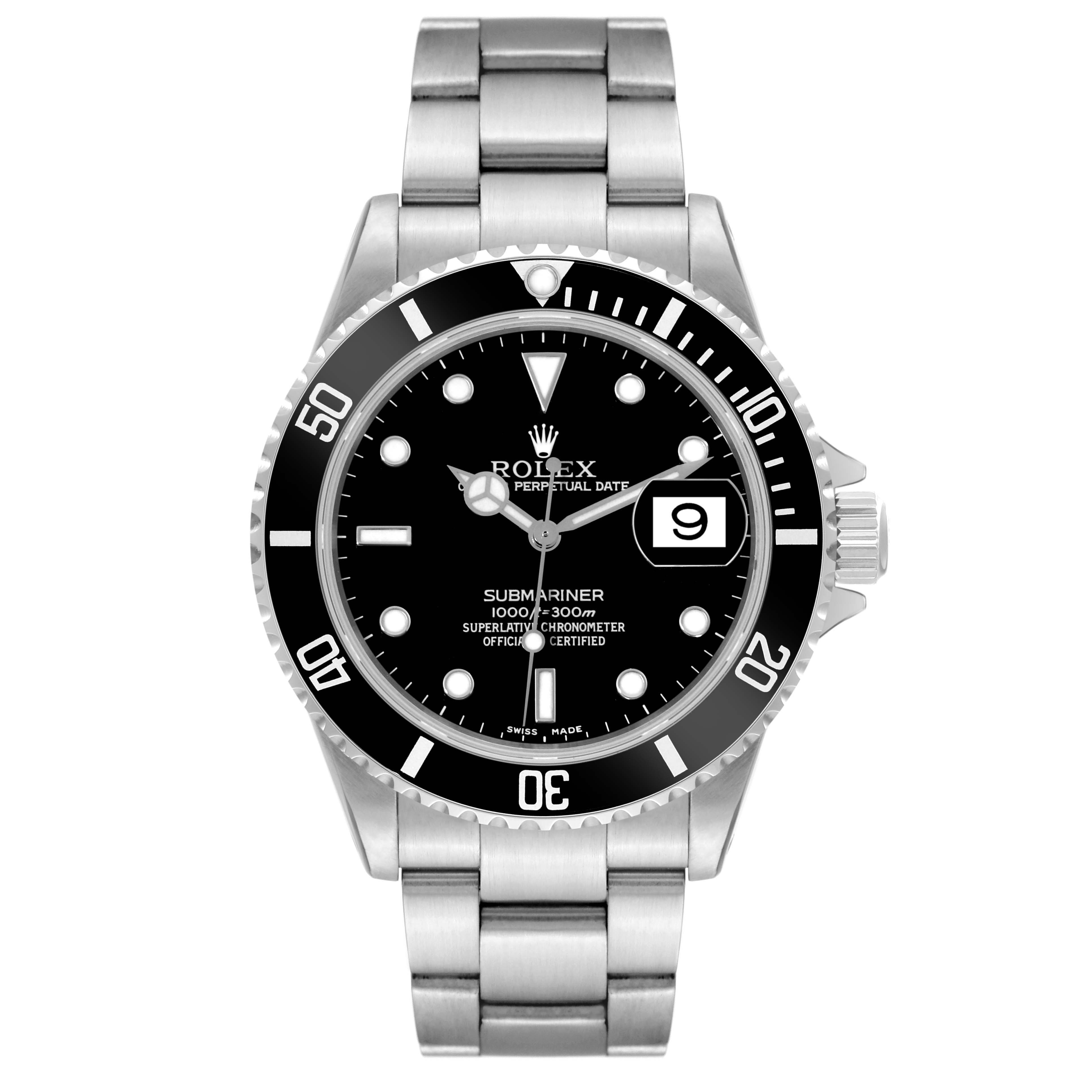 The Rolex Submariner 16610 Men
s Stainless Steel Black Dial 16610 Men
s Stainless Steel Black Dial watch is shown from a front angle, displaying its dial, bezel, and bracelet.