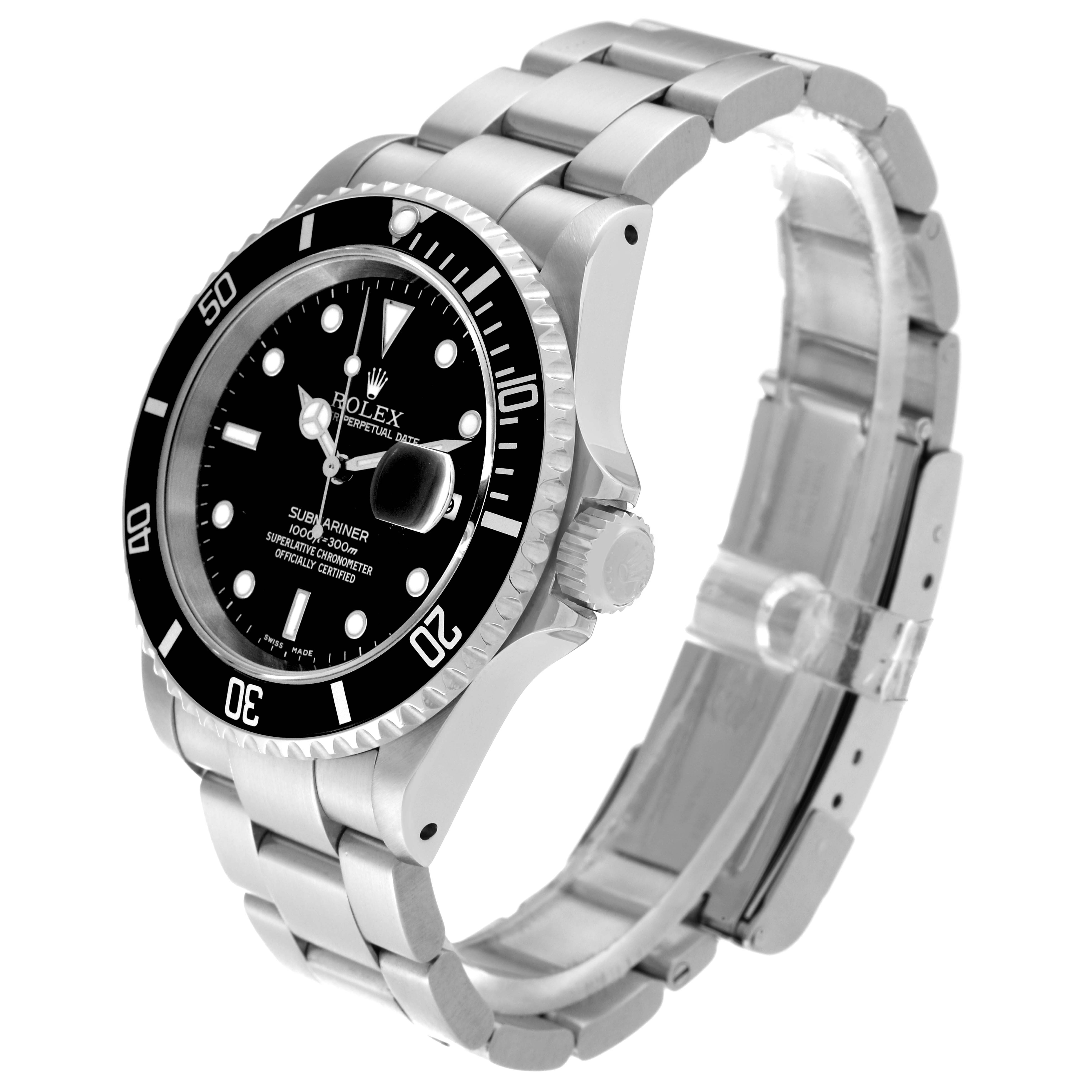 The image shows a side and angled view of a Rolex Submariner 16610 Men
s Stainless Steel Black Dial 16610 Men
s Stainless Steel Black Dial watch, highlighting the dial, bezel, case, and bracelet.