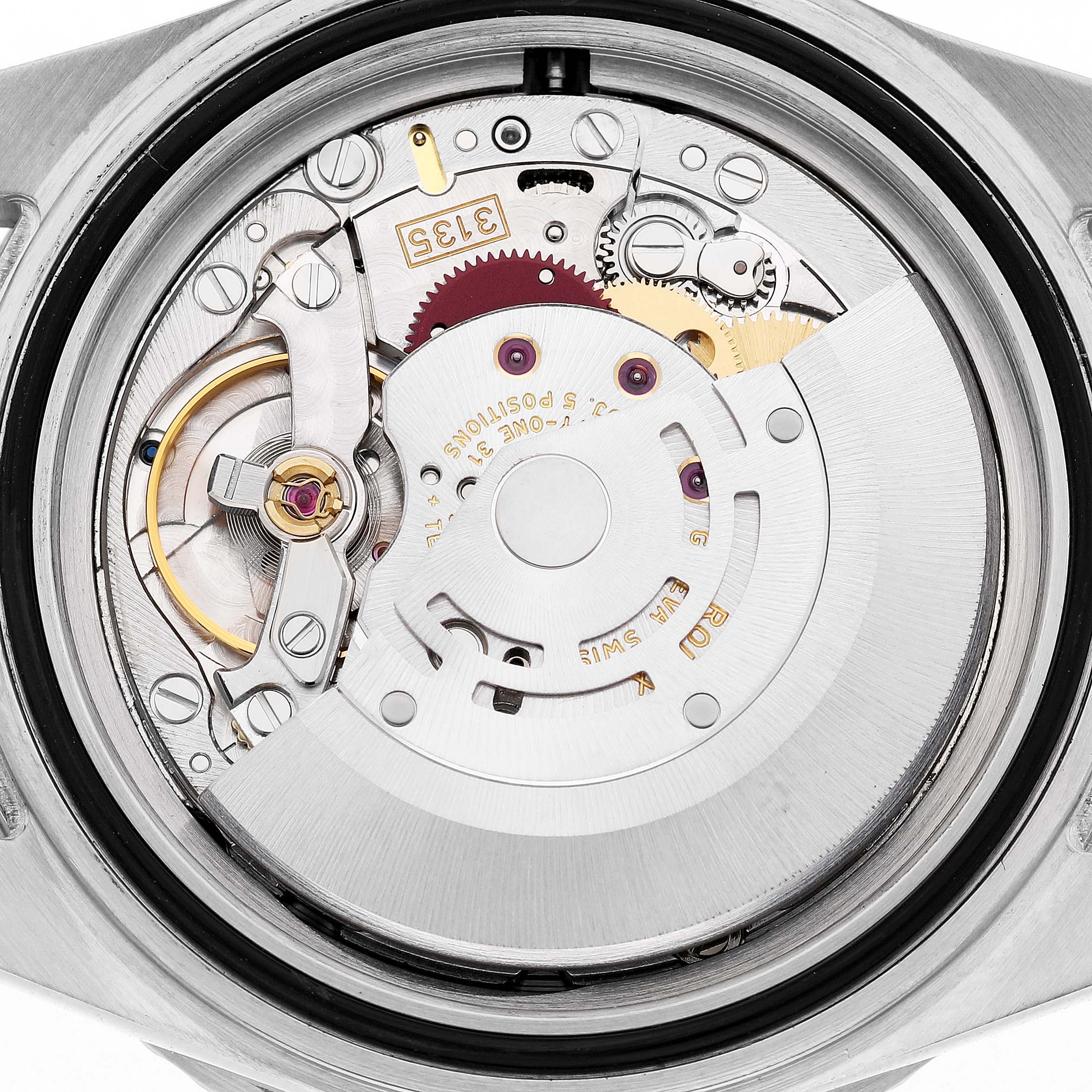 The image shows the internal mechanism of a Rolex Submariner 16610 Men's Stainless Steel Black Dial from a back view, highlighting its intricate movement parts.