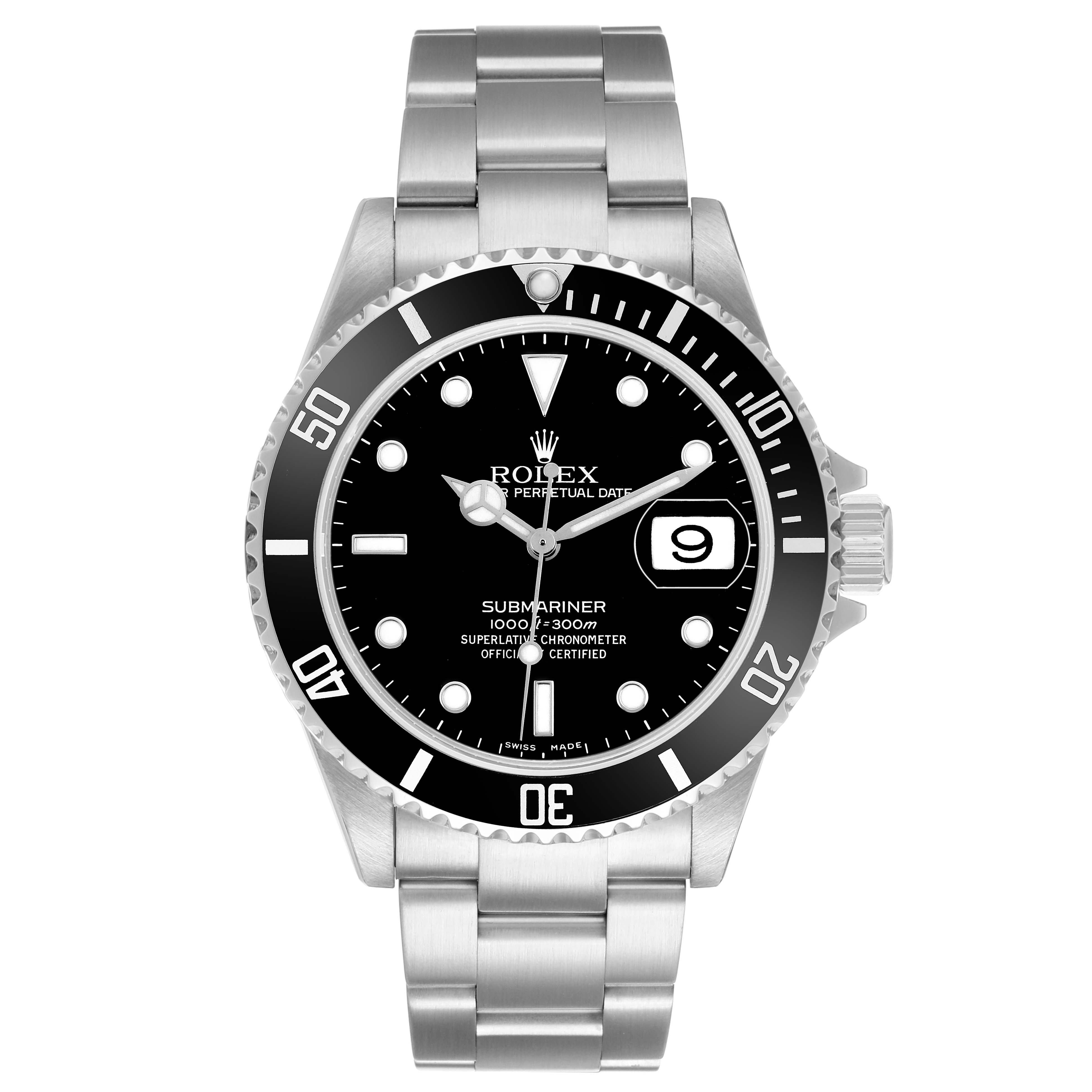 The Rolex Submariner 16610 Men's Stainless Steel Black Dial watch is shown from the front, displaying the dial, bezel, and bracelet.