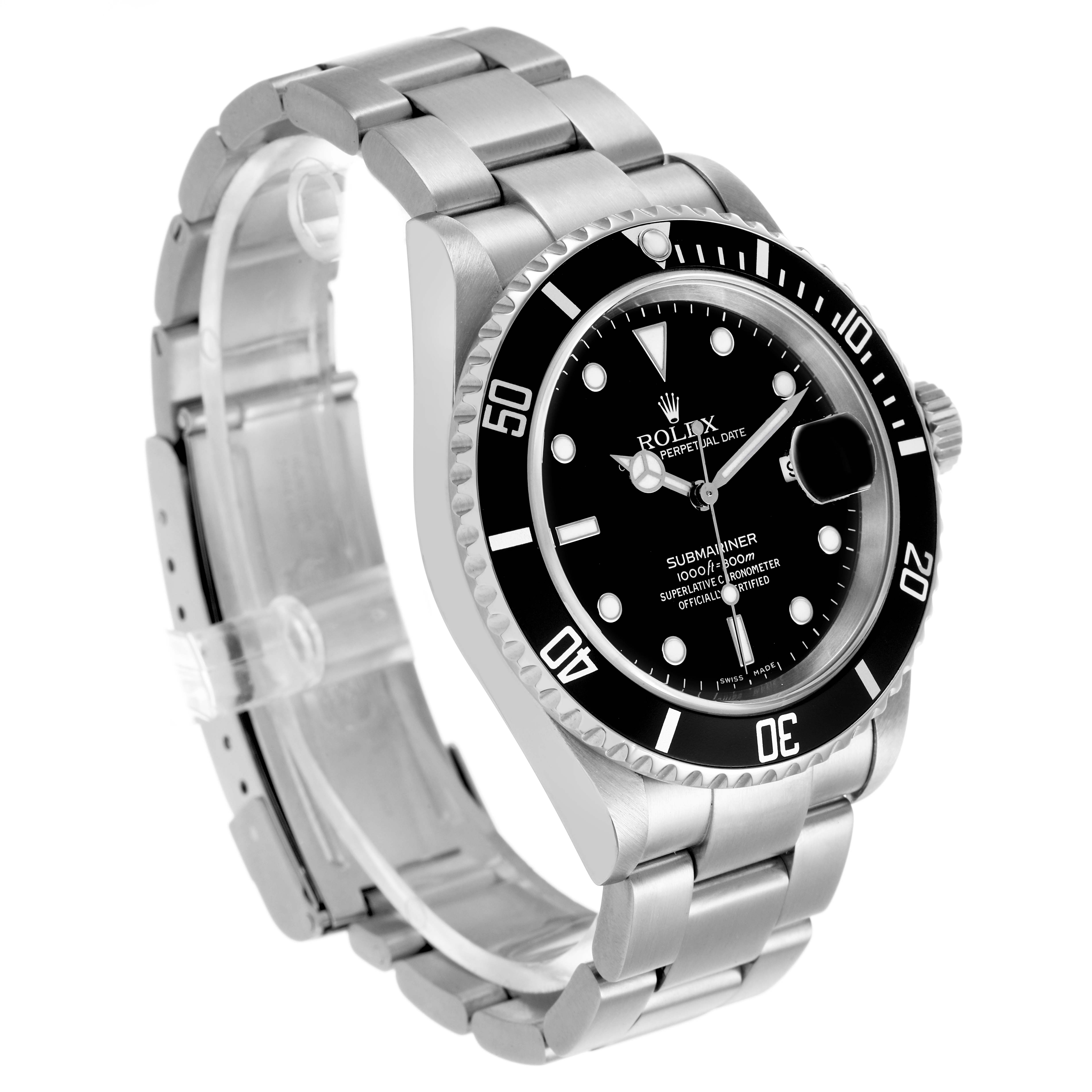 The Rolex Submariner 16610 Men's Stainless Steel Black Dial watch is shown at an angled view, displaying the face, bezel, and bracelet.