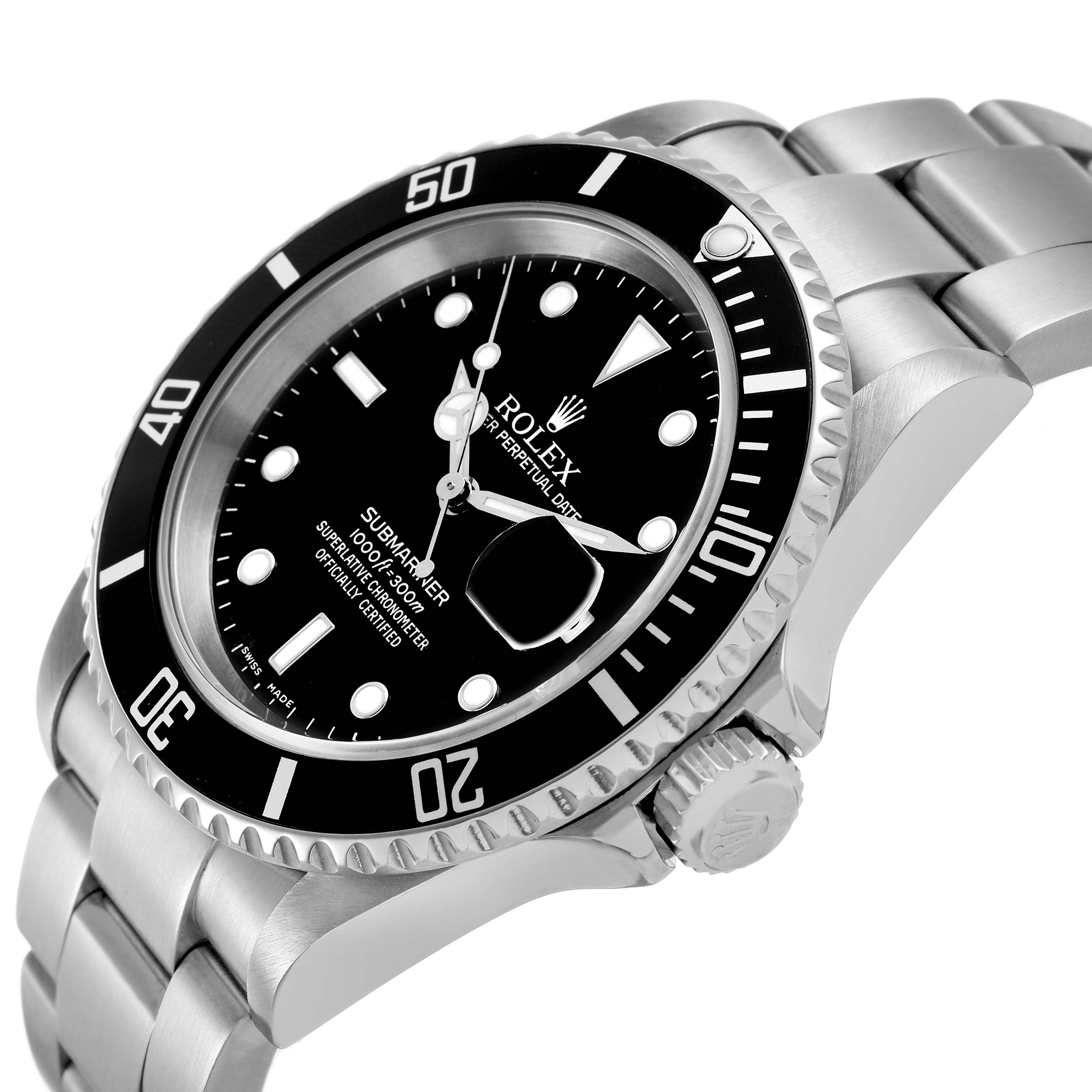 The image shows the Rolex Submariner 16610 Men's Stainless Steel Black Dial watch at an angled side view, highlighting the bezel, dial, crown, and bracelet.