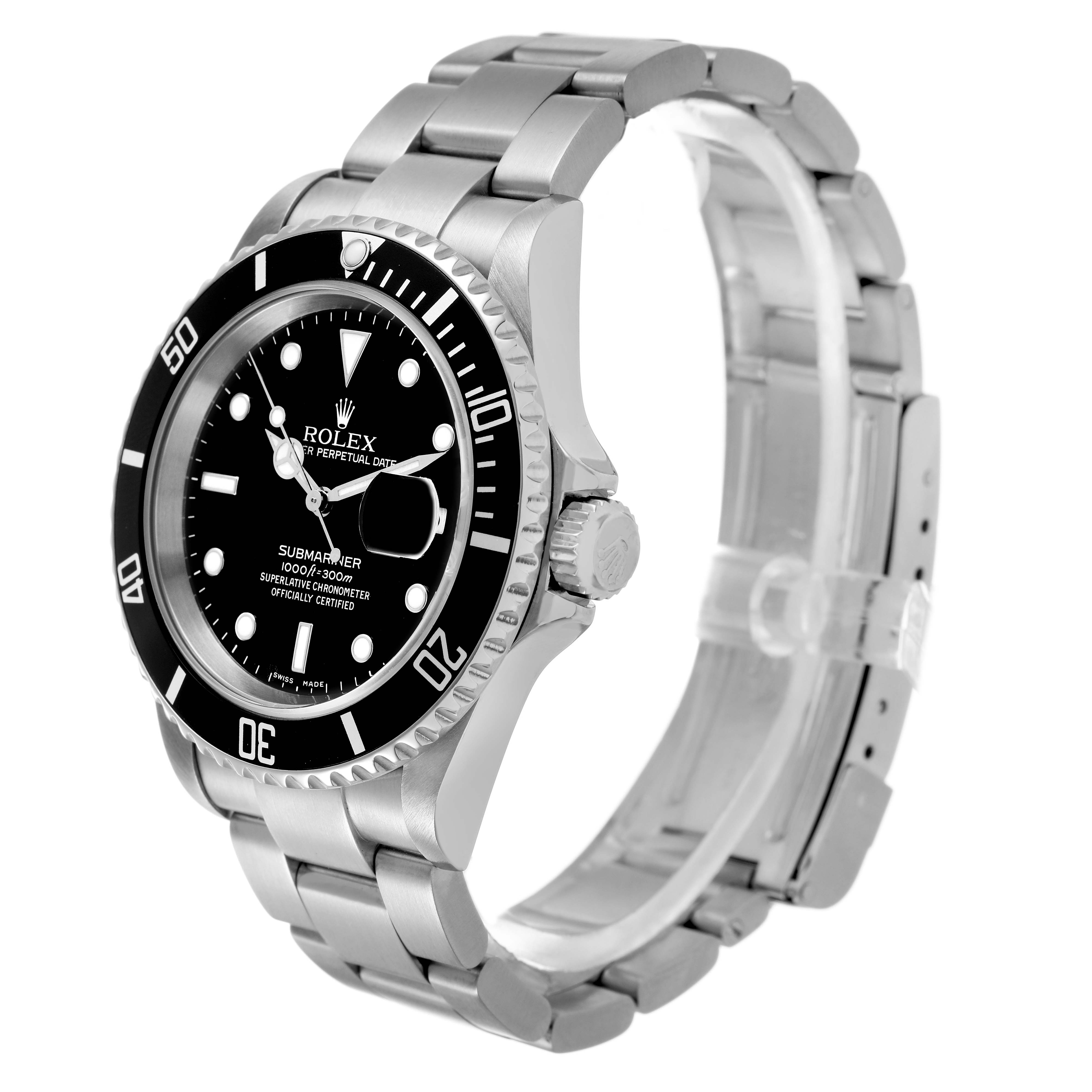 The image shows a Rolex Submariner 16610 Men's Stainless Steel Black Dial watch at a slight side angle, highlighting the face, bezel, crown, and part of the bracelet.