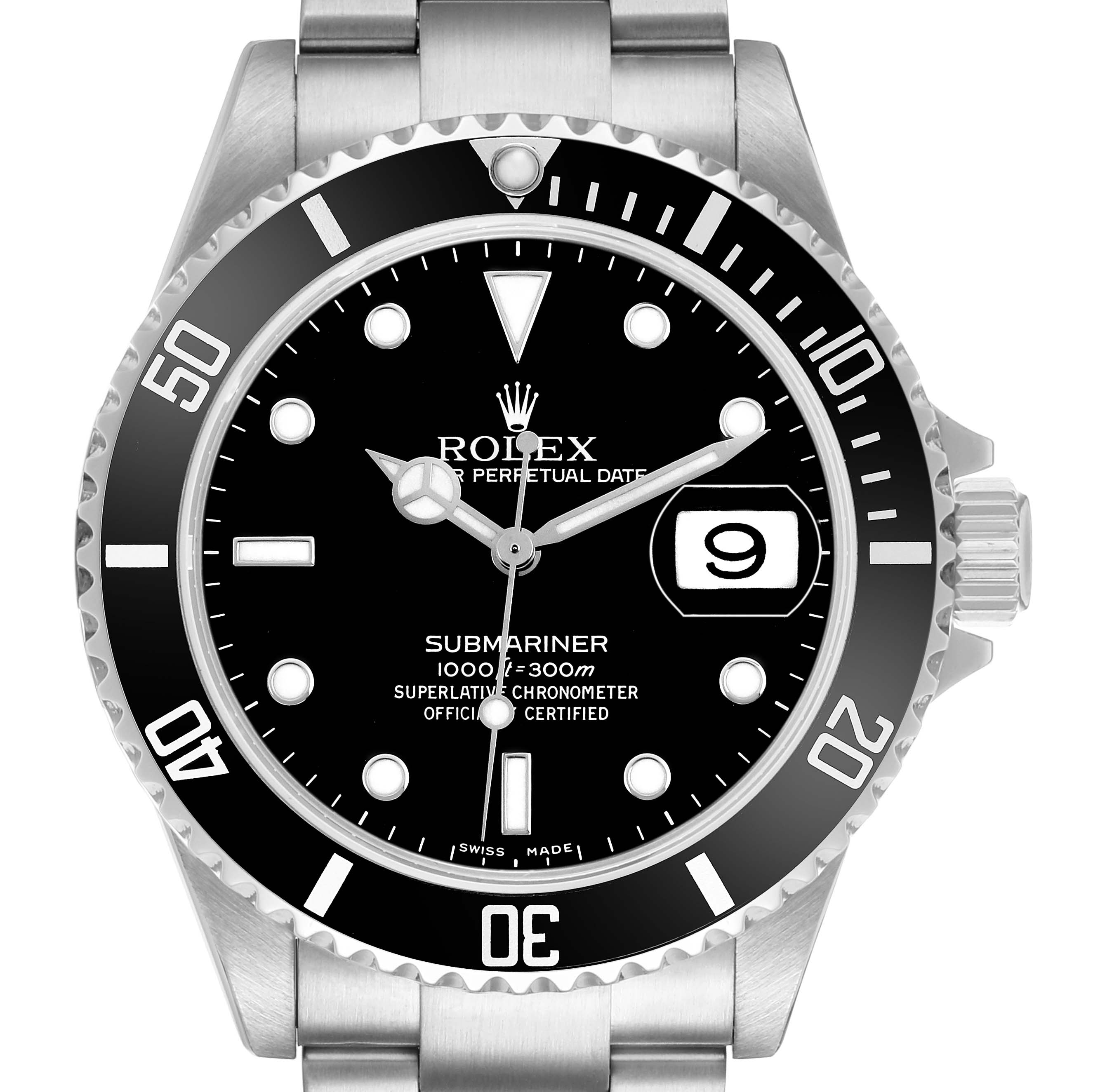 The Rolex Submariner 16610 Men's Stainless Steel Black Dial is shown from a front angle, displaying its bezel, dial, hands, and date window.