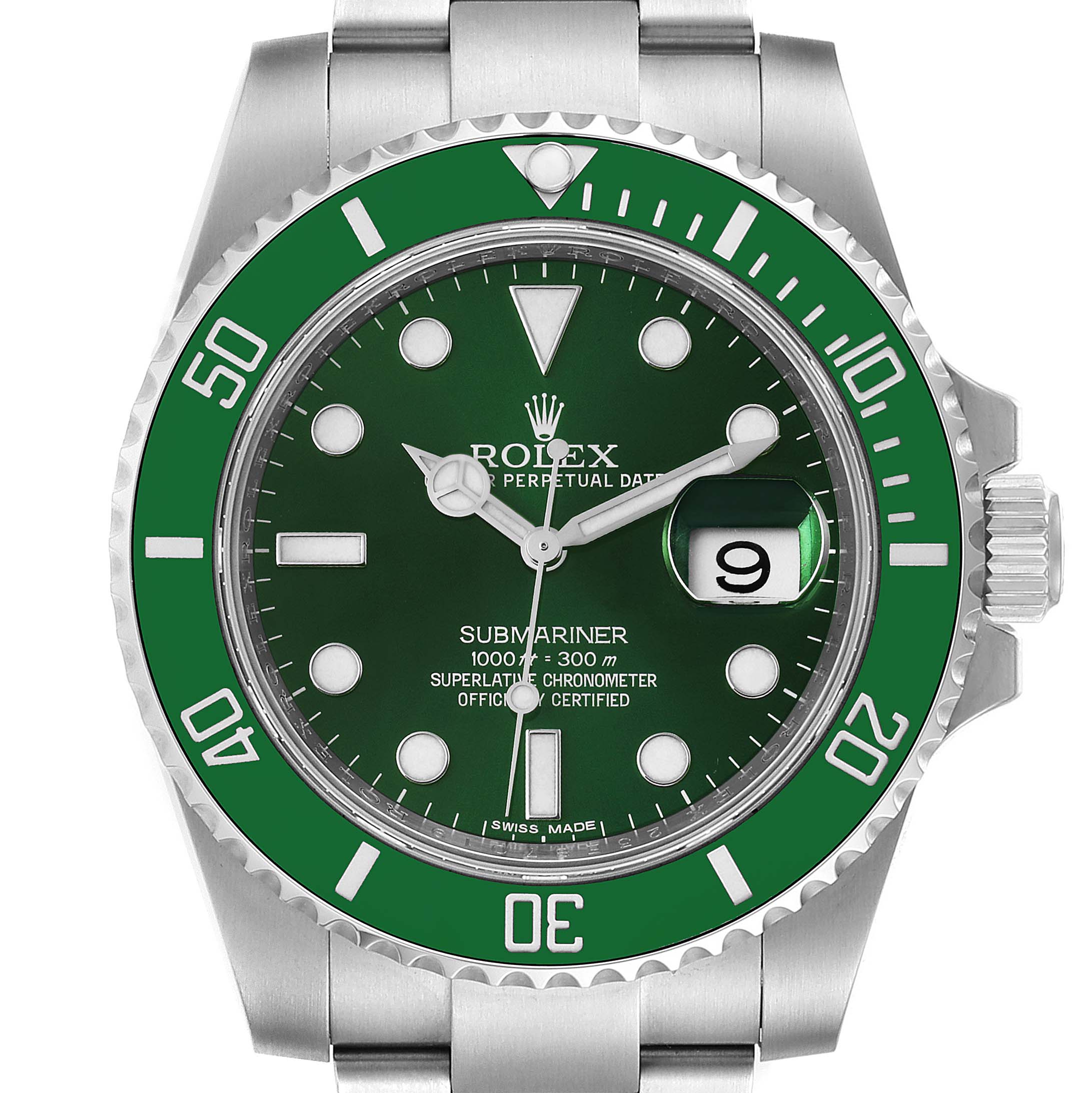 The image shows a Rolex Submariner 116610LV Men's Stainless Steel Green Dial 116610LV Men's Stainless Steel Green Dial watch viewed from the front, highlighting its green dial, bezel, and stainless steel bracelet.