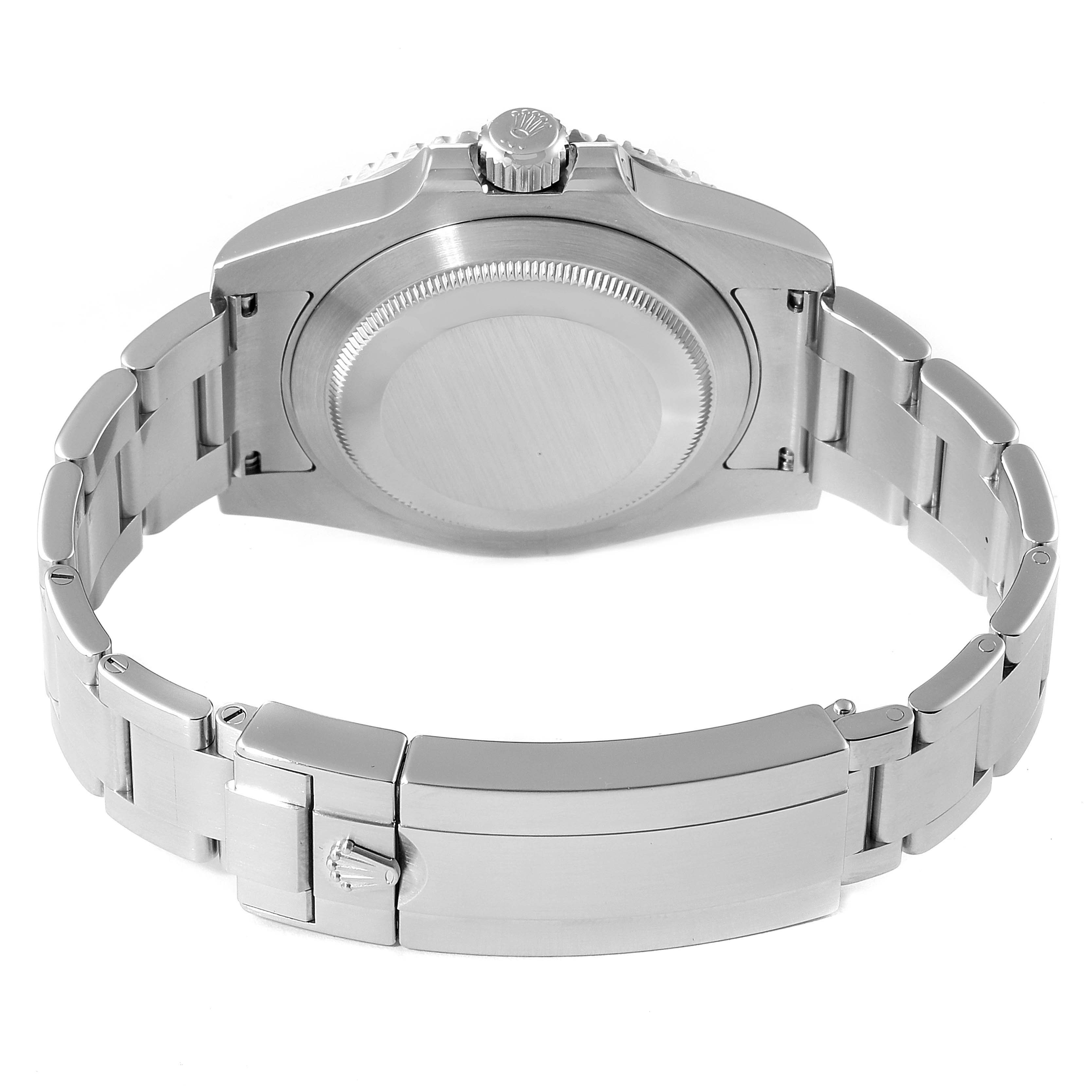 The image displays the back view of a Rolex Submariner 116610LV Men's Stainless Steel Green Dial 116610LV Men's Stainless Steel Green Dial watch, highlighting the clasp, bracelet, and case back.