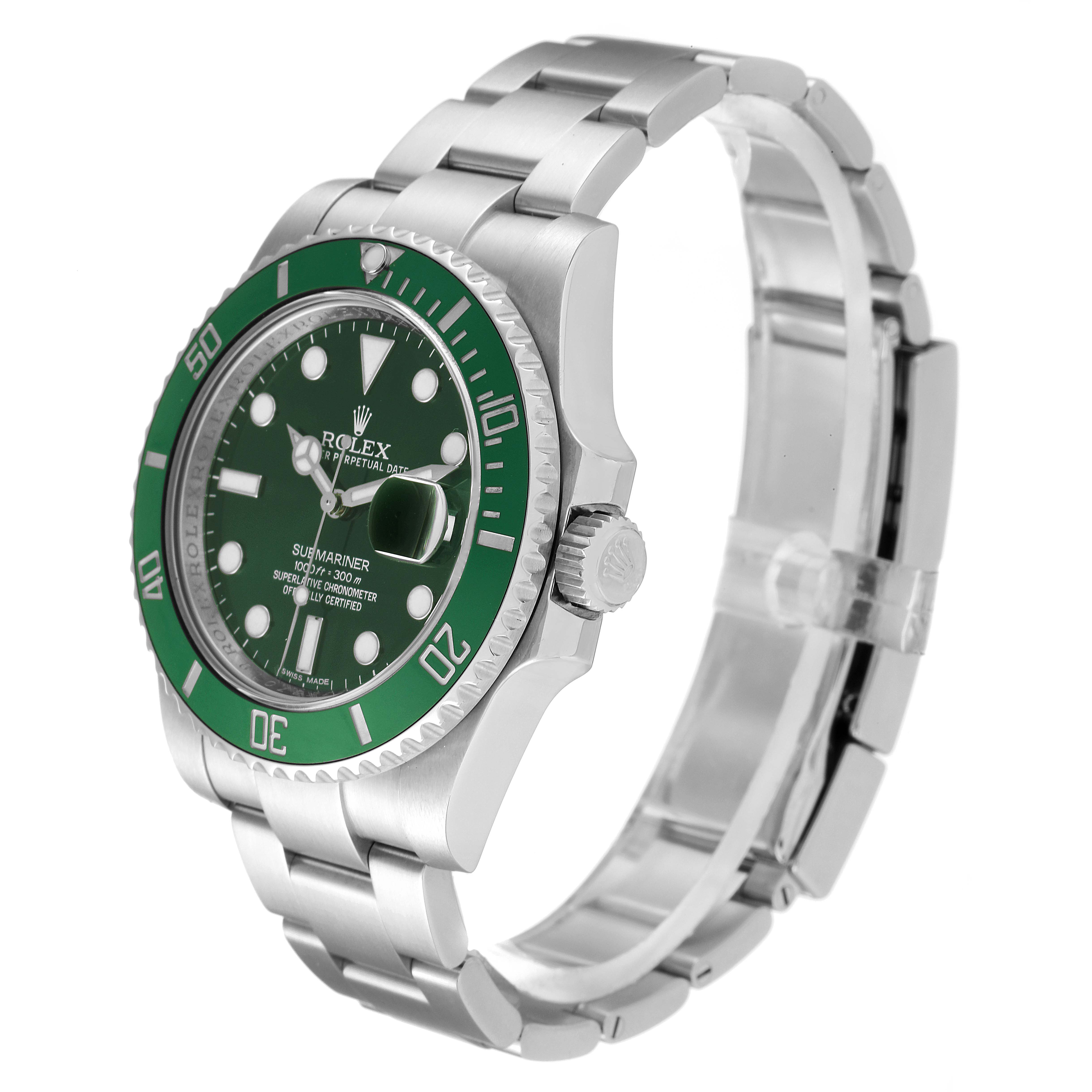 The image shows a Rolex Submariner 116610LV Men's Stainless Steel Green Dial 116610LV Men's Stainless Steel Green Dial watch from a three-quarter angle, highlighting the green bezel, dial, case, and bracelet.