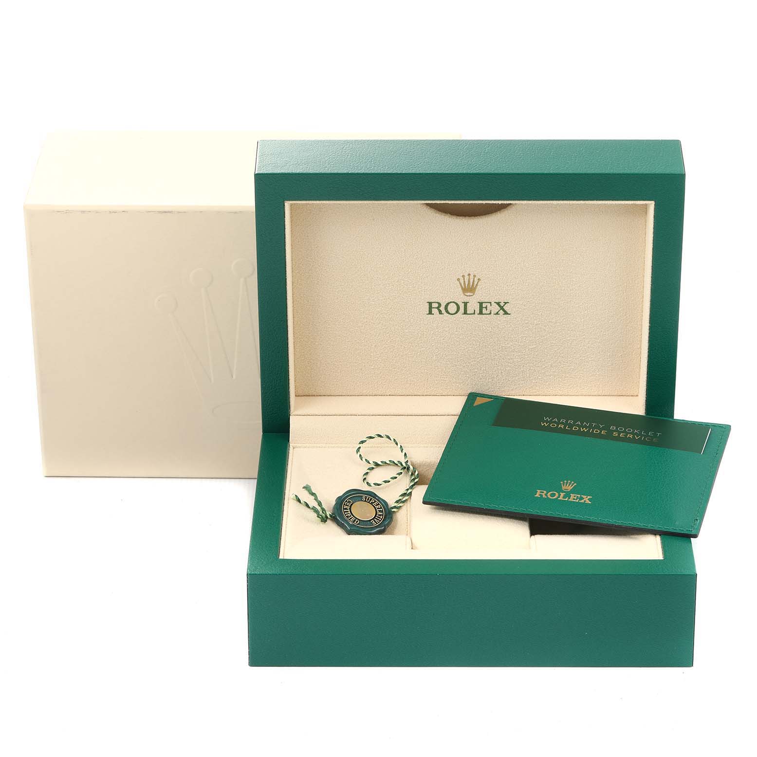 The image shows the packaging, warranty booklet, and tag for a Rolex Submariner 116610LV Men's Stainless Steel Green Dial 116610LV Men's Stainless Steel Green Dial watch, viewed from the front angle.