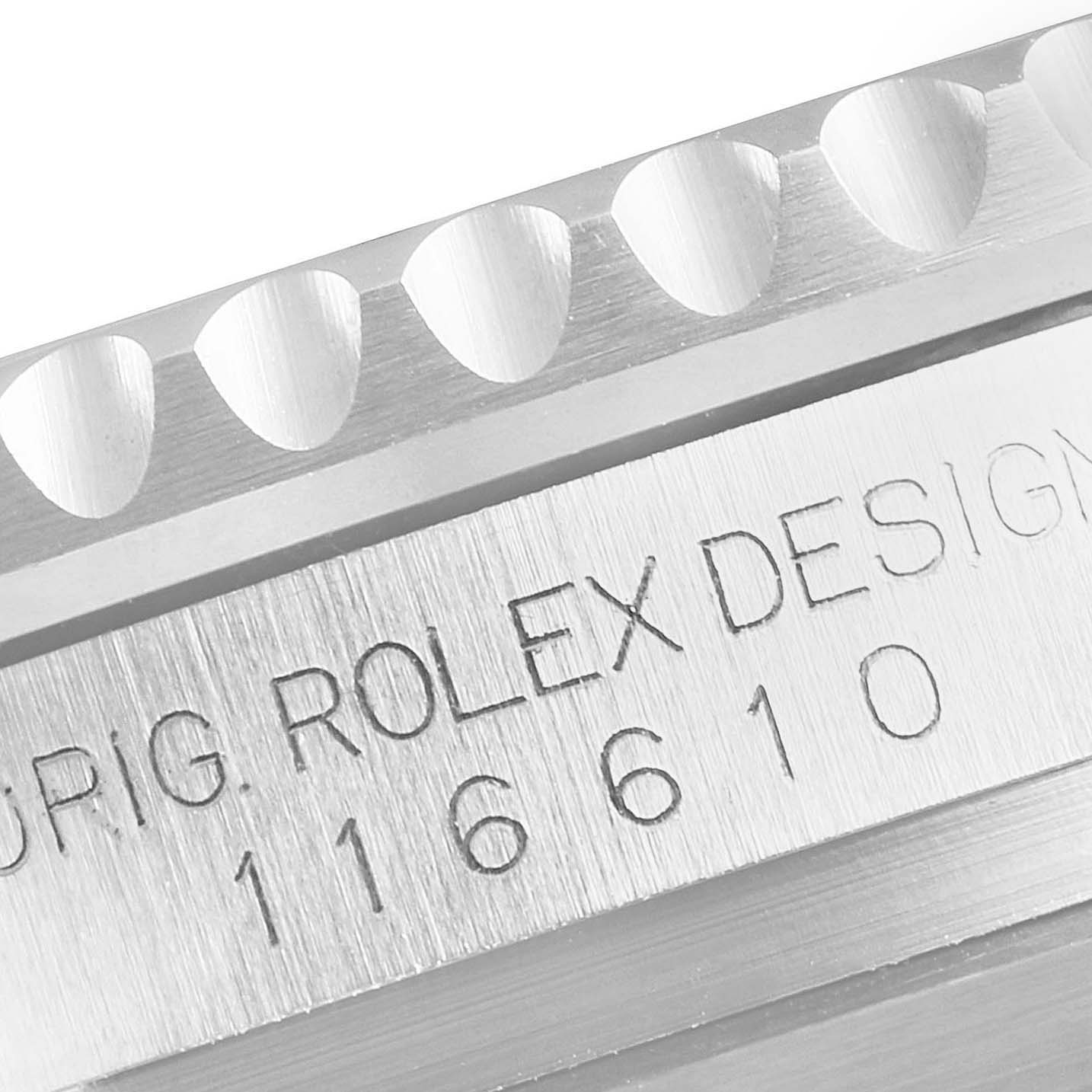 This image shows a close-up of the engraved "ROLEX DESIGN" and model number on the side of the case of the Rolex Submariner 116610LV Men's Stainless Steel Green Dial 116610LV Men's Stainless Steel Green Dial watch.