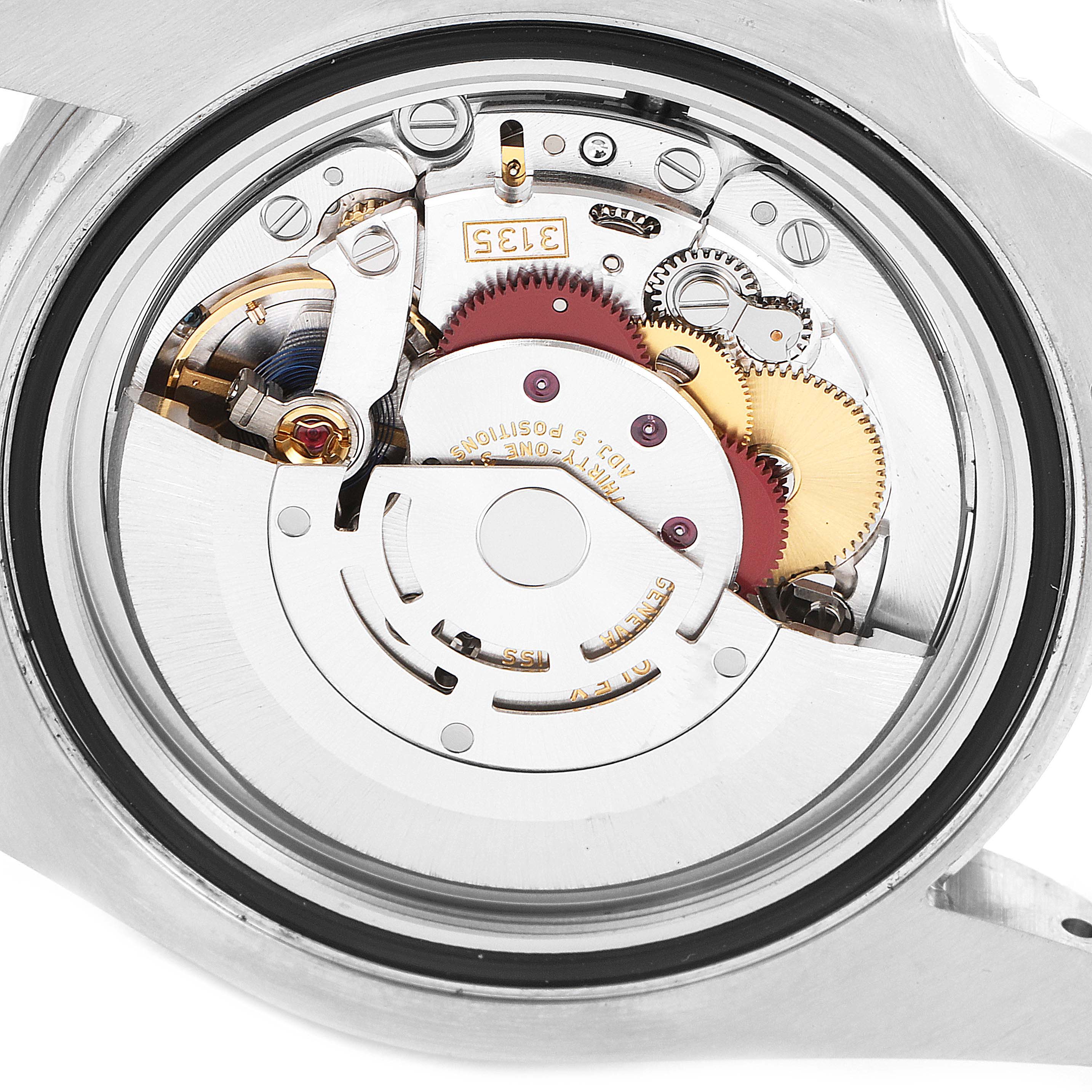 This image shows the intricate internal mechanism of the Rolex Submariner 116610LV Men's Stainless Steel Green Dial 116610LV Men's Stainless Steel Green Dial watch from a rear angle.