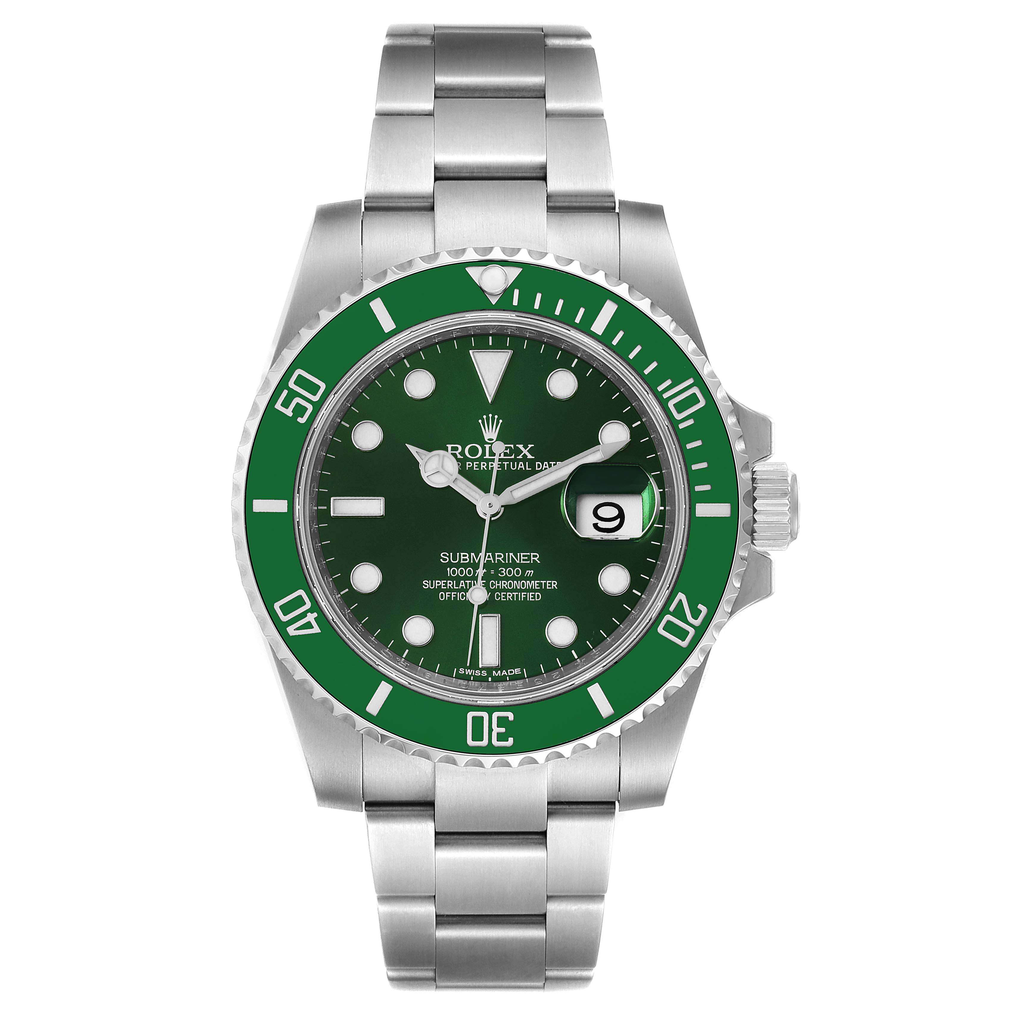 This image shows a front view of a Rolex Submariner 116610LV Men's Stainless Steel Green Dial 116610LV Men's Stainless Steel Green Dial watch, displaying its green dial, date function, and stainless steel bracelet.