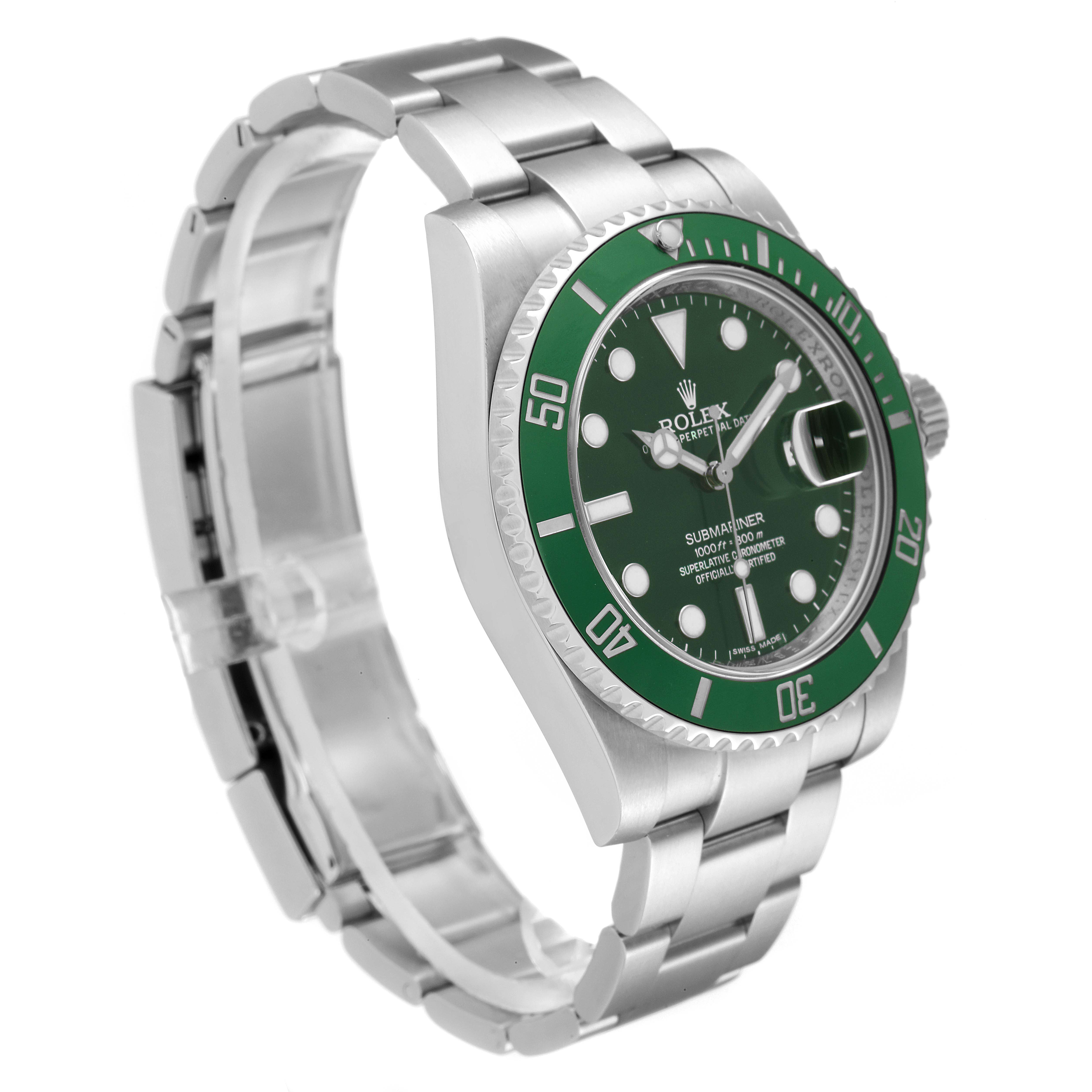 The image shows a side angle view of the Rolex Submariner 116610LV Men's Stainless Steel Green Dial 116610LV Men's Stainless Steel Green Dial watch, emphasizing the green bezel, dial, and stainless steel bracelet.