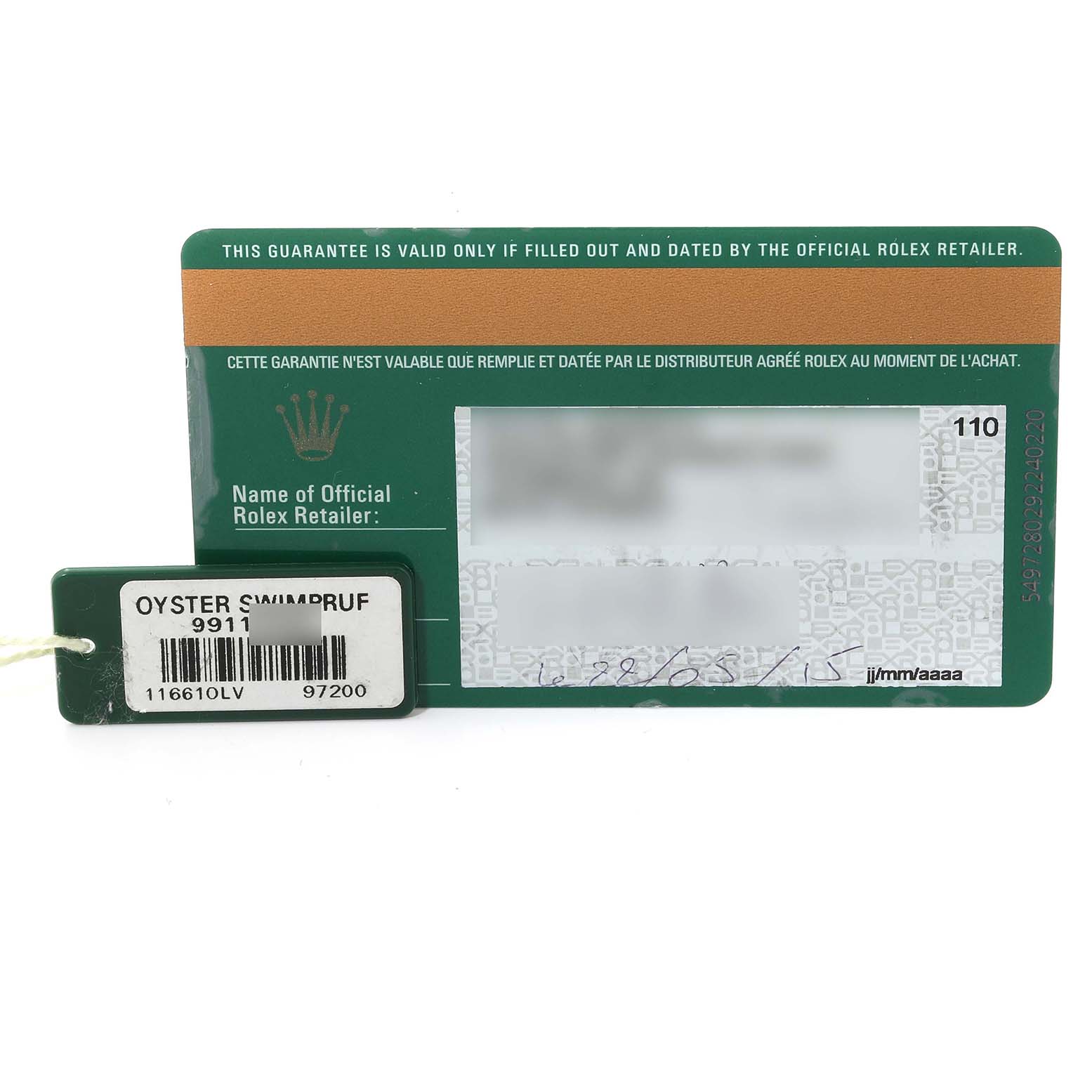 The image shows the warranty card and the tag for the Rolex Submariner 116610LV Men's Stainless Steel Green Dial 116610LV Men's Stainless Steel Green Dial model.