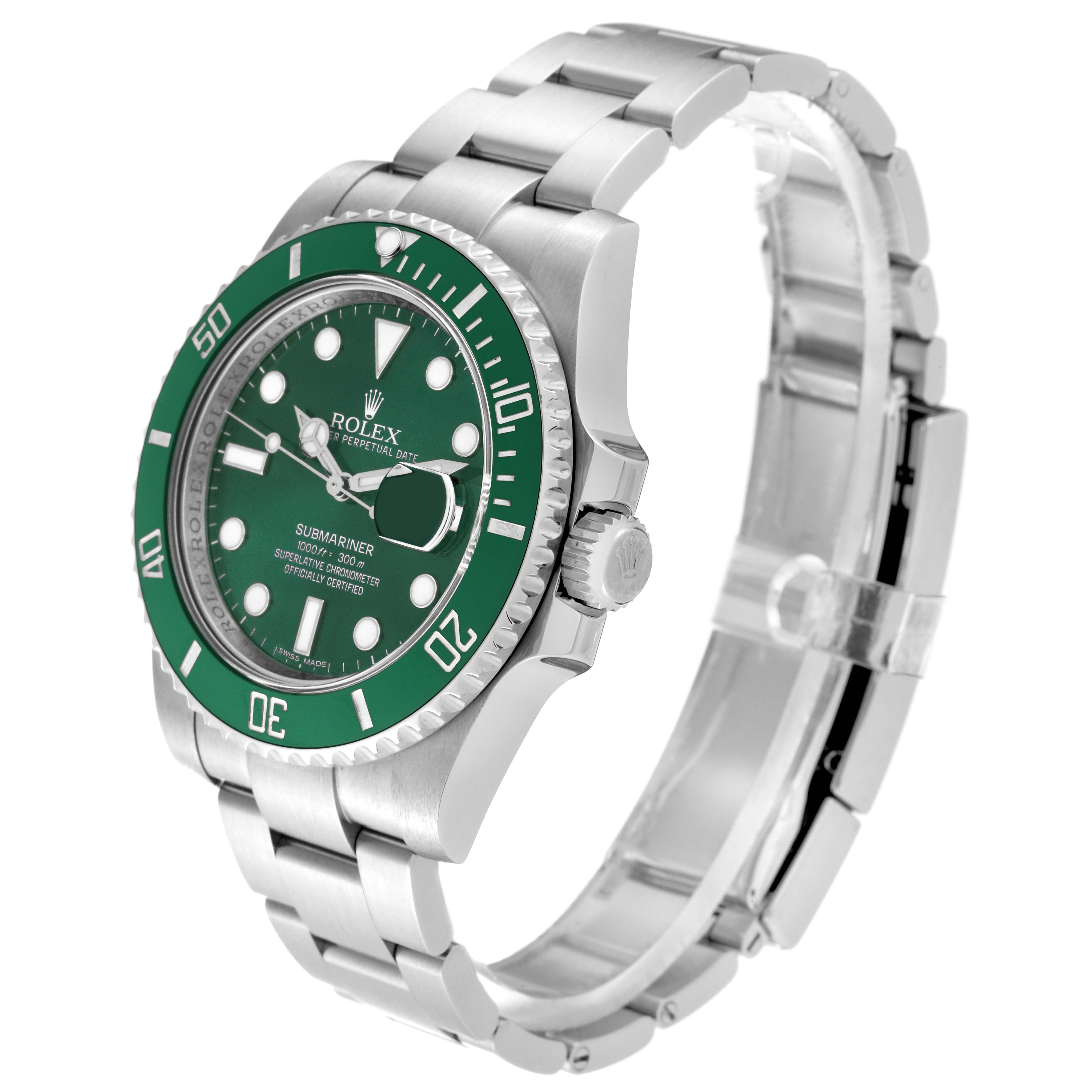 The image shows a Rolex Submariner 116610LV Men's Stainless Steel Green Dial 116610LV Men's Stainless Steel Green Dial watch at a 3/4 angle, highlighting its green bezel, dial, and metallic bracelet.