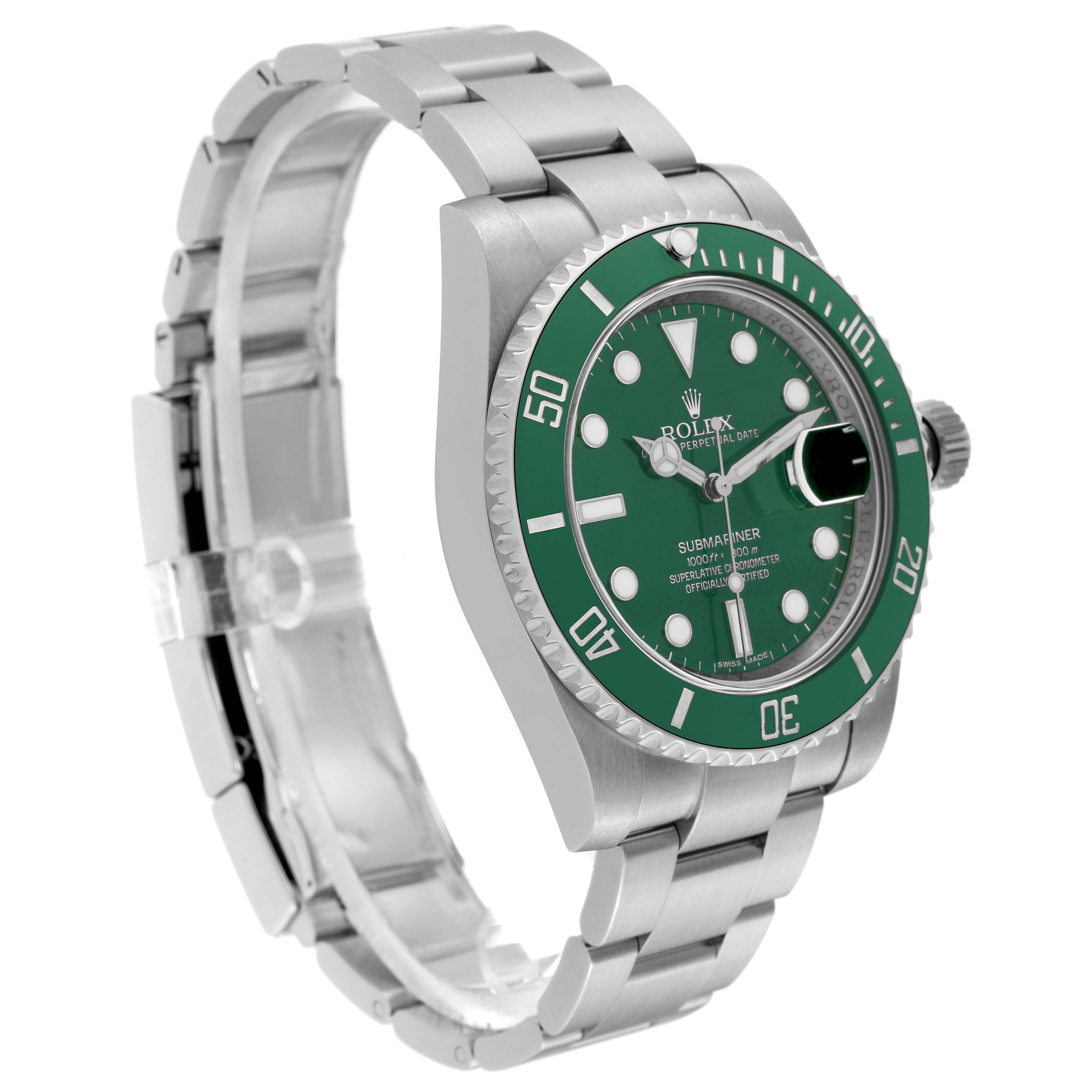 This Rolex Submariner 116610LV Men's Stainless Steel Green Dial 116610LV Men's Stainless Steel Green Dial model watch is shown at a three-quarter angle, highlighting the green bezel, dial, and stainless steel bracelet.