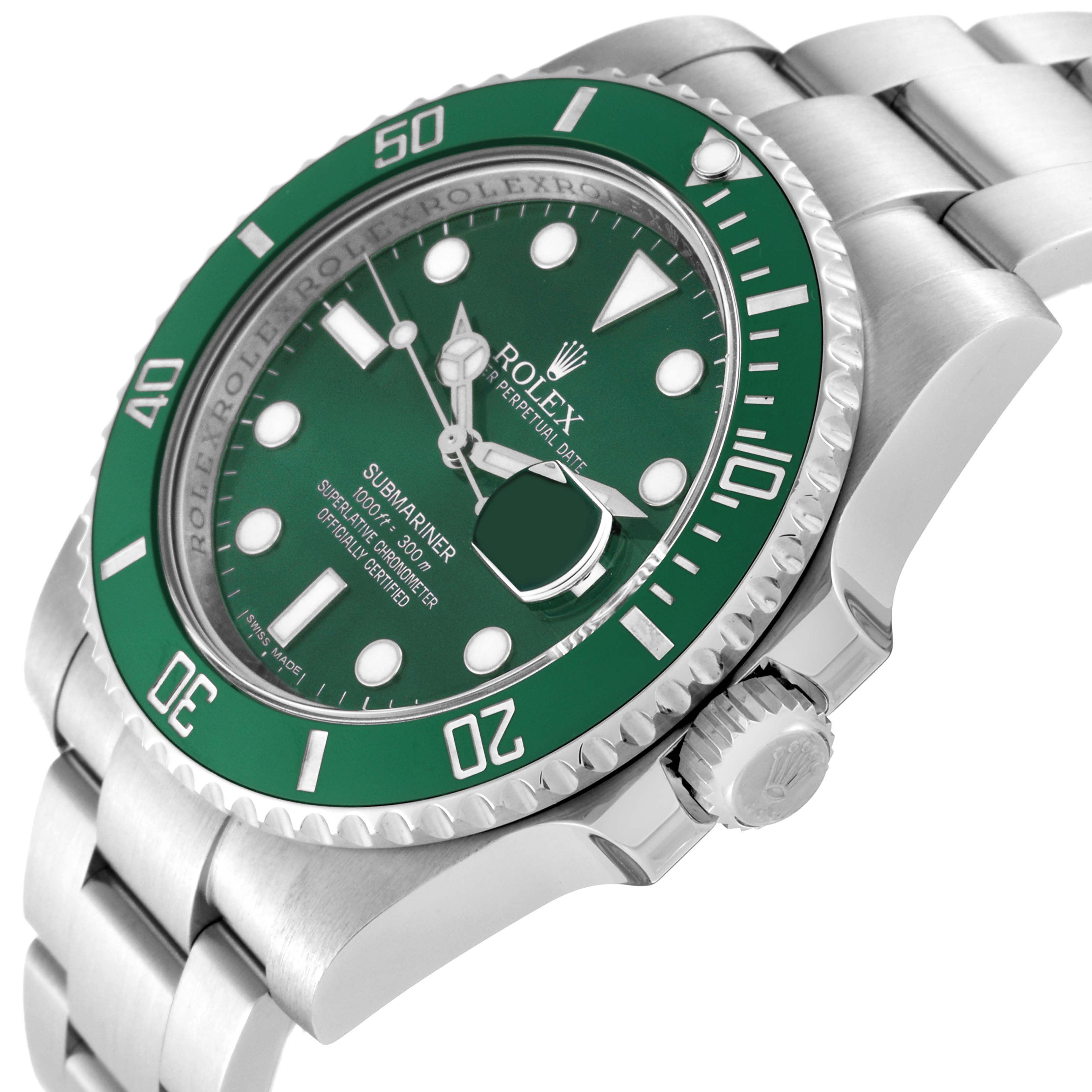 This image shows a close-up side angle of the Rolex Submariner 116610LV Men's Stainless Steel Green Dial 116610LV Men's Stainless Steel Green Dial, highlighting its green dial, bezel, and stainless steel bracelet.
