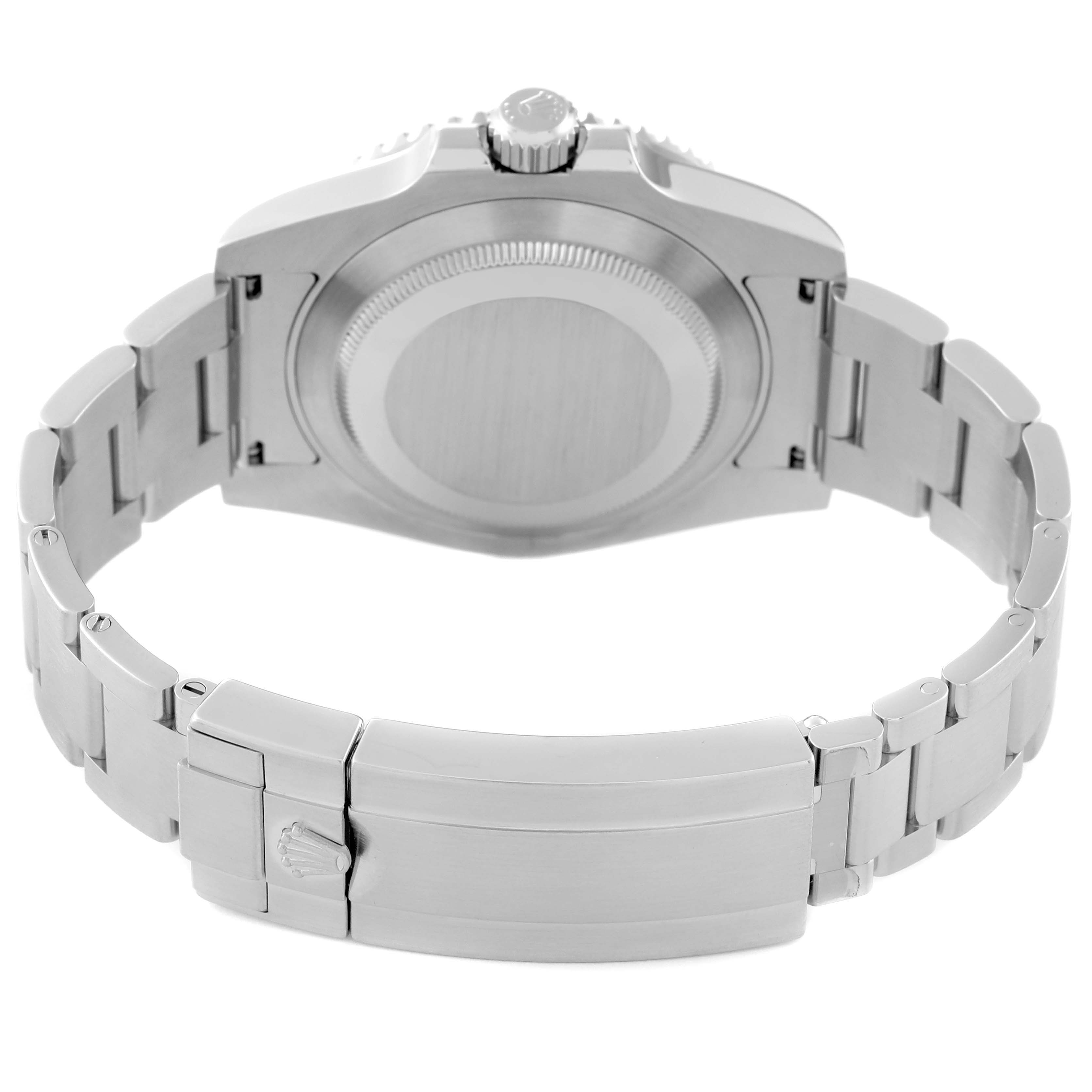 This image shows the back view of the Rolex Submariner 116610LV Men's Stainless Steel Green Dial 116610LV Men's Stainless Steel Green Dial watch, showcasing the clasp, bracelet, and case back.