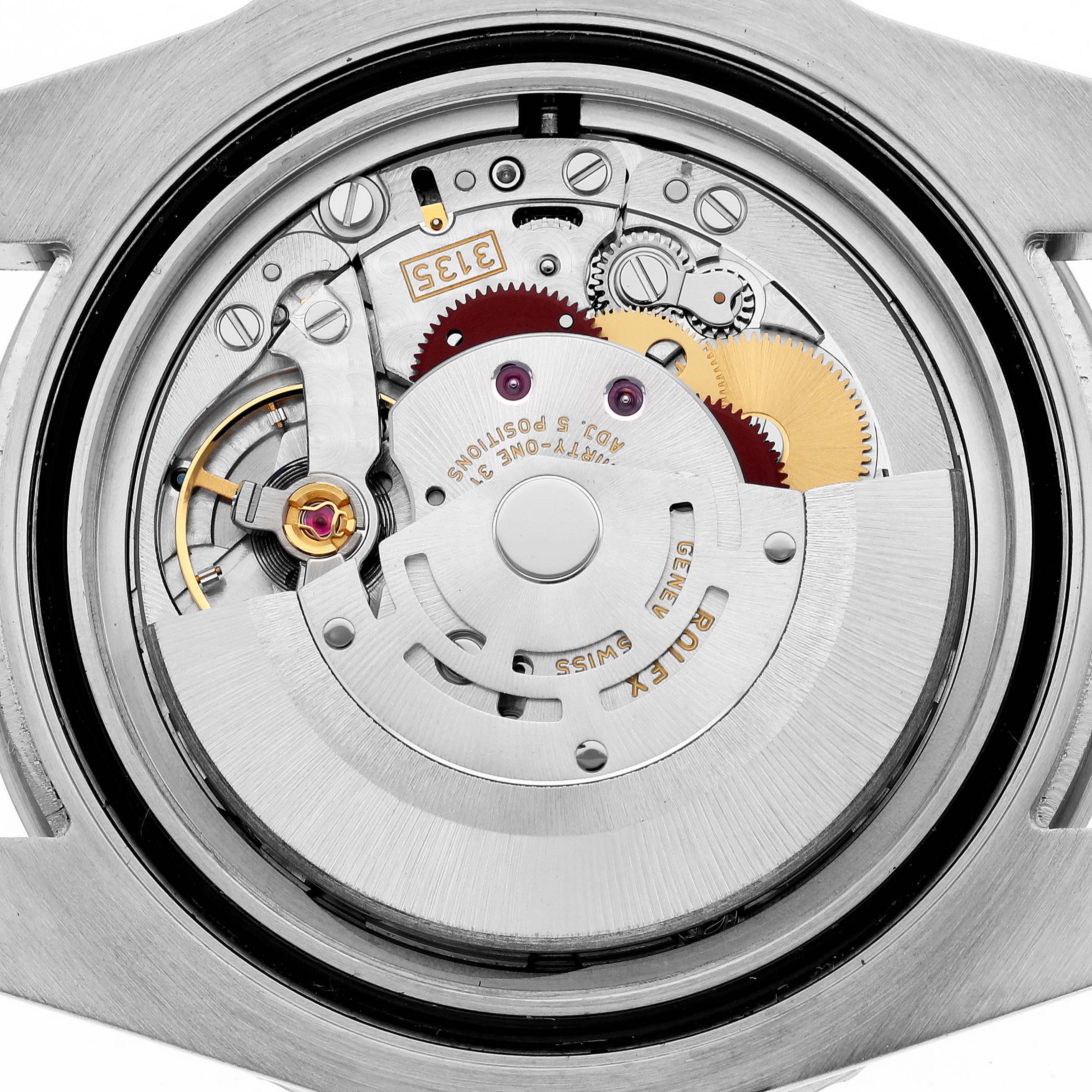 This image shows the movement mechanism of a Rolex Submariner 116610LV Men's Stainless Steel Green Dial 116610LV Men's Stainless Steel Green Dial watch from the back with intricate gears and parts exposed.