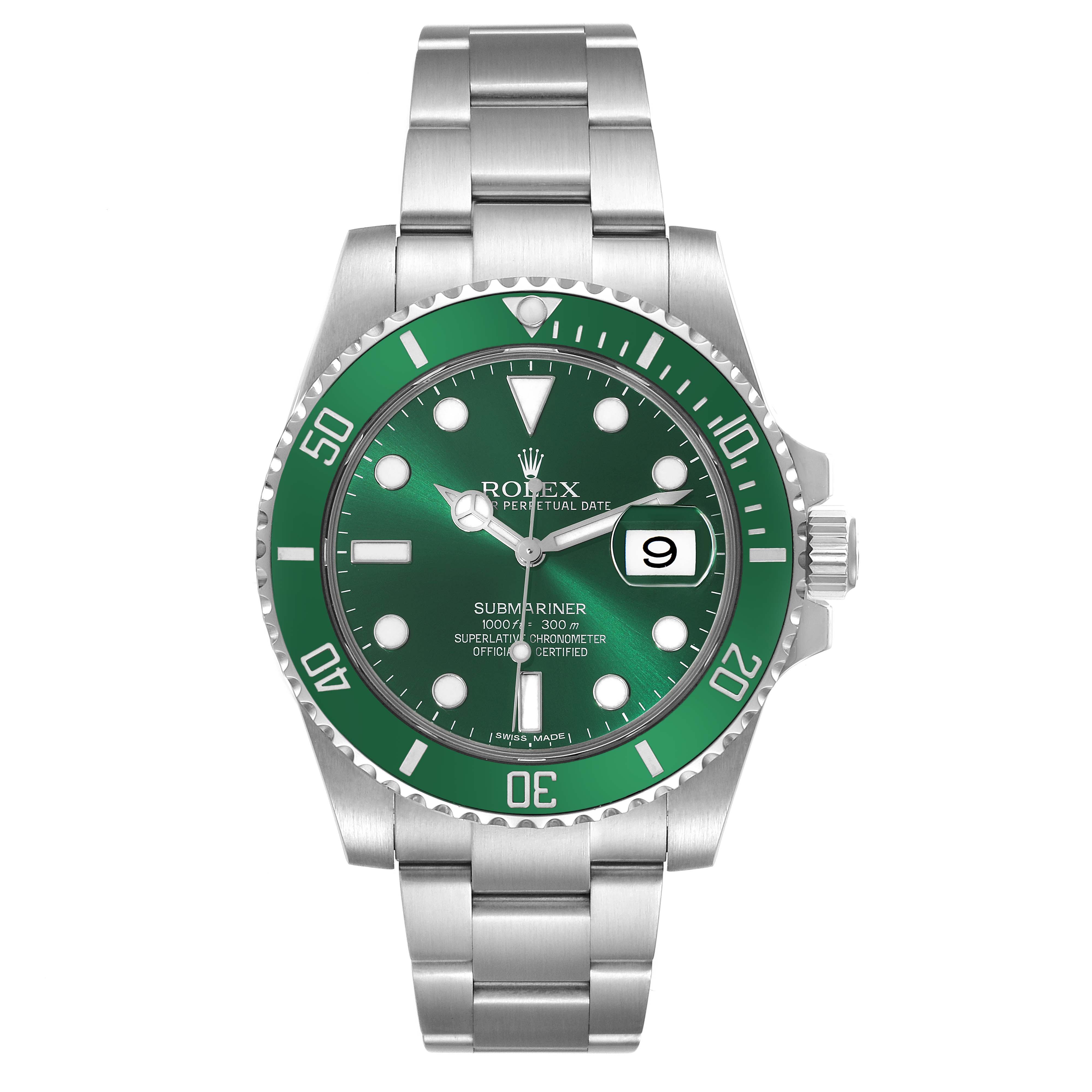 The image shows a front view of a Rolex Submariner 116610LV Men's Stainless Steel Green Dial 116610LV Men's Stainless Steel Green Dial watch with a green bezel and dial.