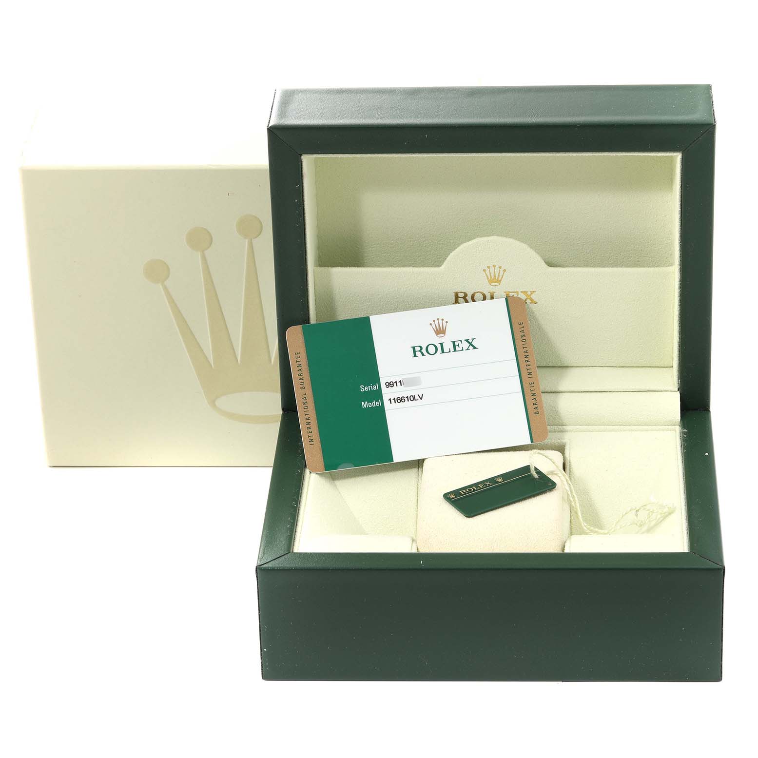 The image shows a Rolex Submariner 116610LV Men's Stainless Steel Green Dial 116610LV Men's Stainless Steel Green Dial box from the top view, containing warranty cards and tags.