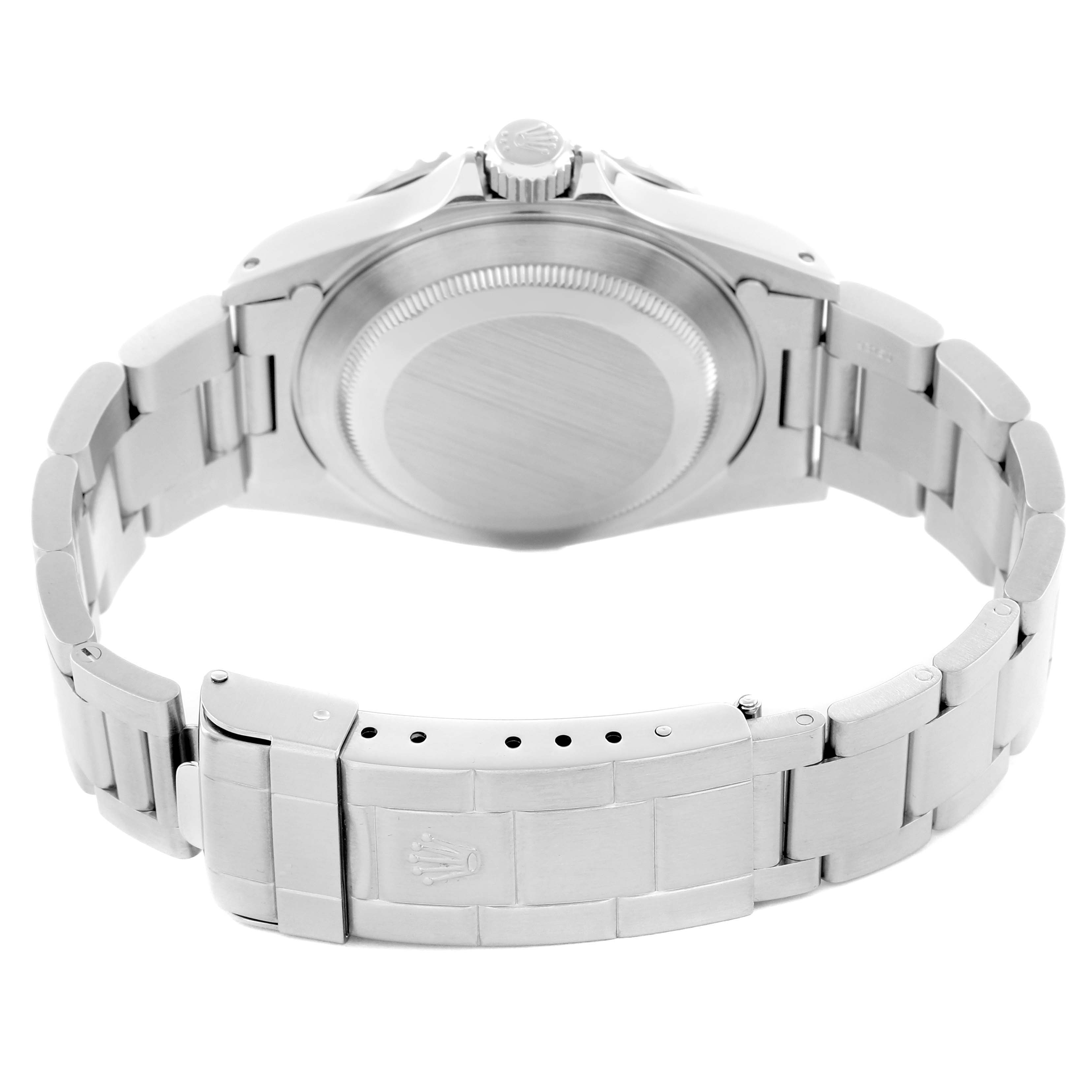 The image shows the back of a Rolex Submariner 14060M Men
s Stainless Steel Black Dial, highlighting the bracelet, clasp, and case back from a rear angle.