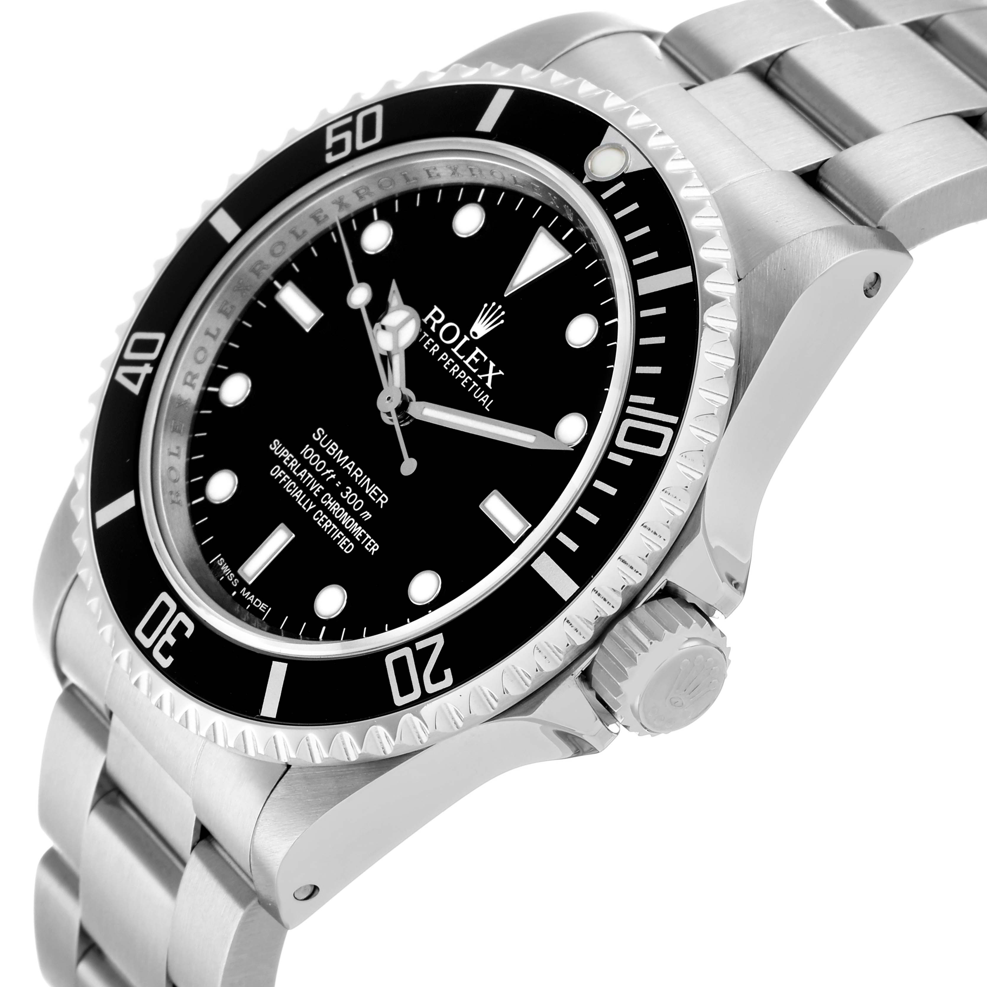 The image shows a side view of the Rolex Submariner 14060M Men
s Stainless Steel Black Dial watch, highlighting the bezel, dial, and bracelet.