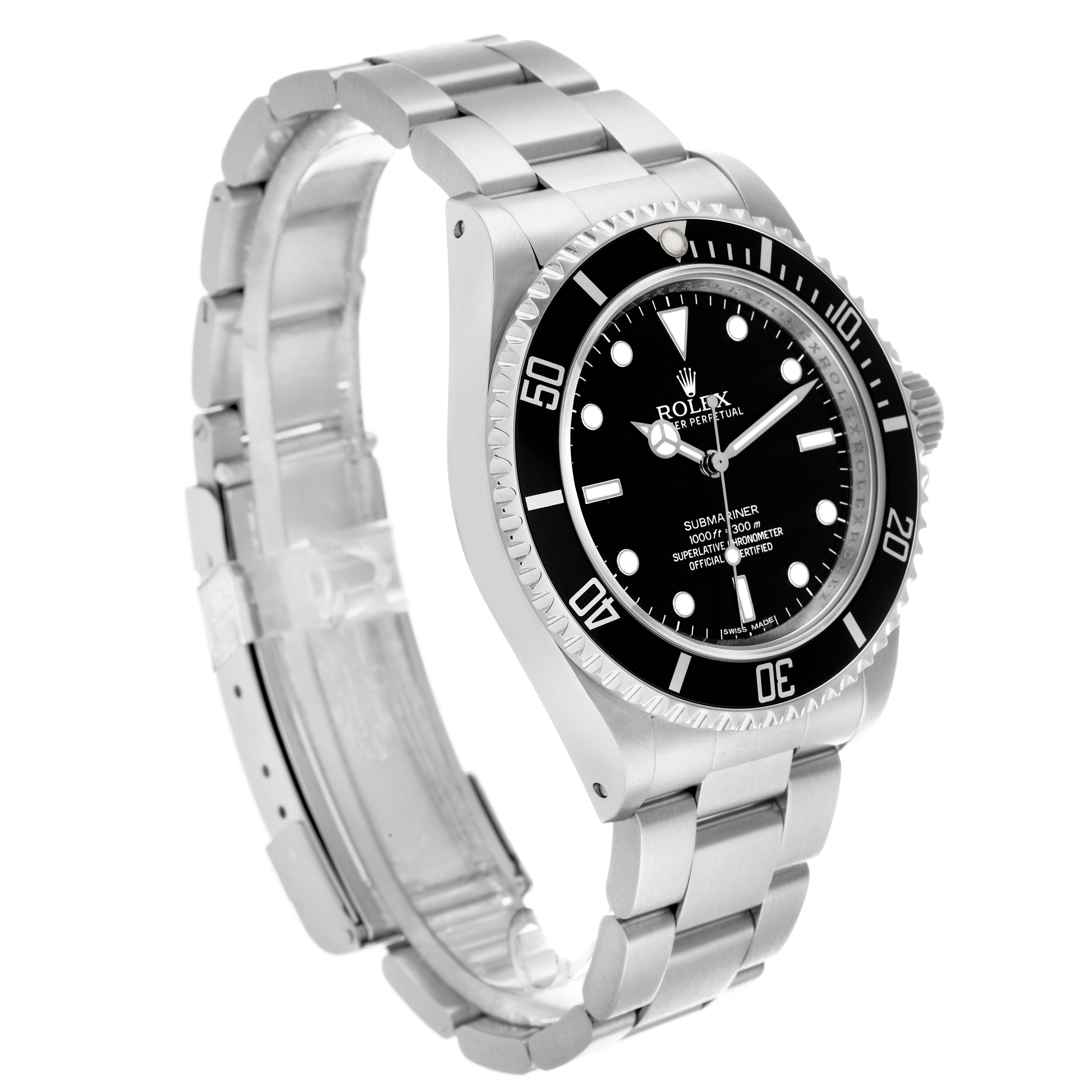 The Rolex Submariner 14060M Men
s Stainless Steel Black Dial watch is shown at a three-quarter angle, highlighting the face, bezel, crown, and stainless steel bracelet.
