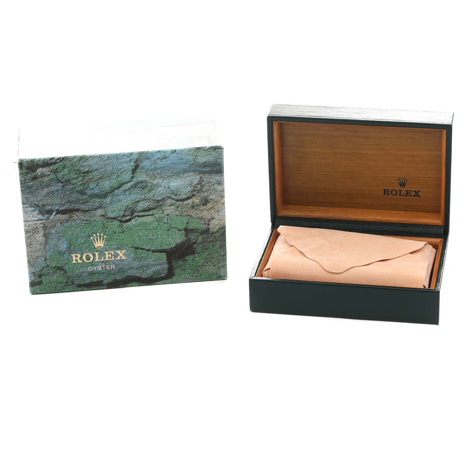 The image shows a Rolex Submariner 14060M Men
s Stainless Steel Black Dial watch box and outer packaging from a front angle, with the box lid open.