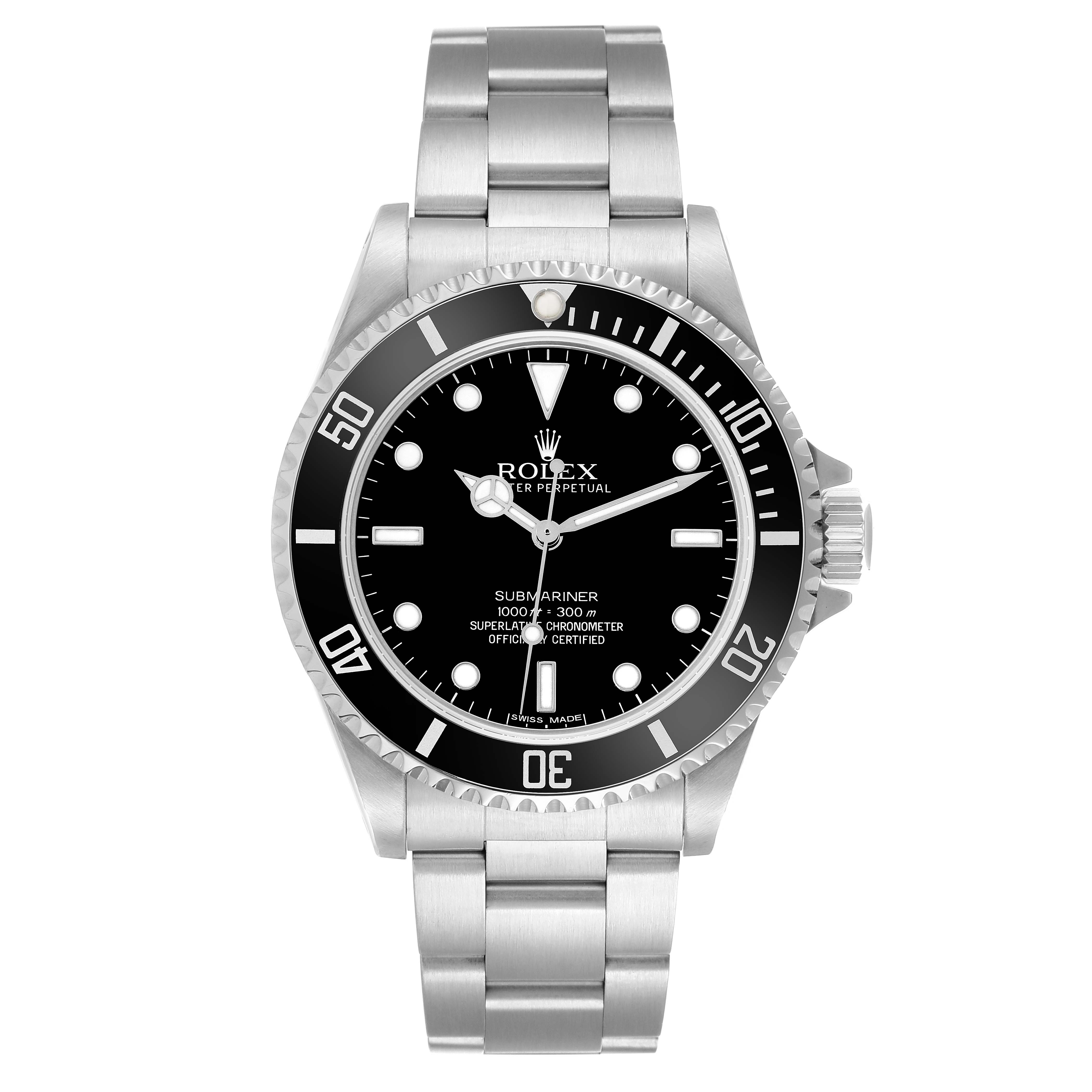 The Rolex Submariner 14060M Men
s Stainless Steel Black Dial watch is shown from a top-down angle, displaying the face, bezel, and bracelet.