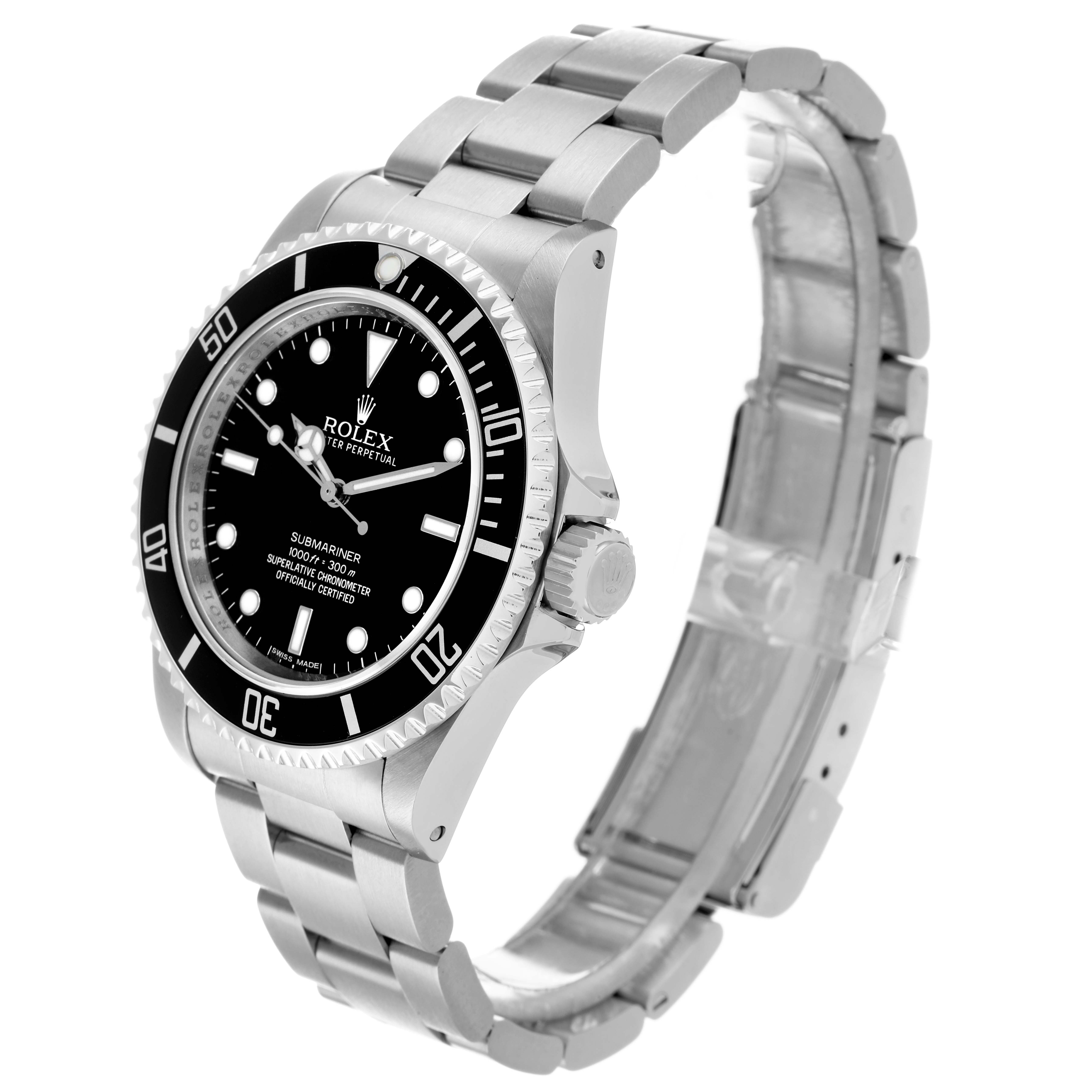 The Rolex Submariner 14060M Men
s Stainless Steel Black Dial watch is shown at a three-quarter angle, highlighting the face, bezel, crown, and bracelet.