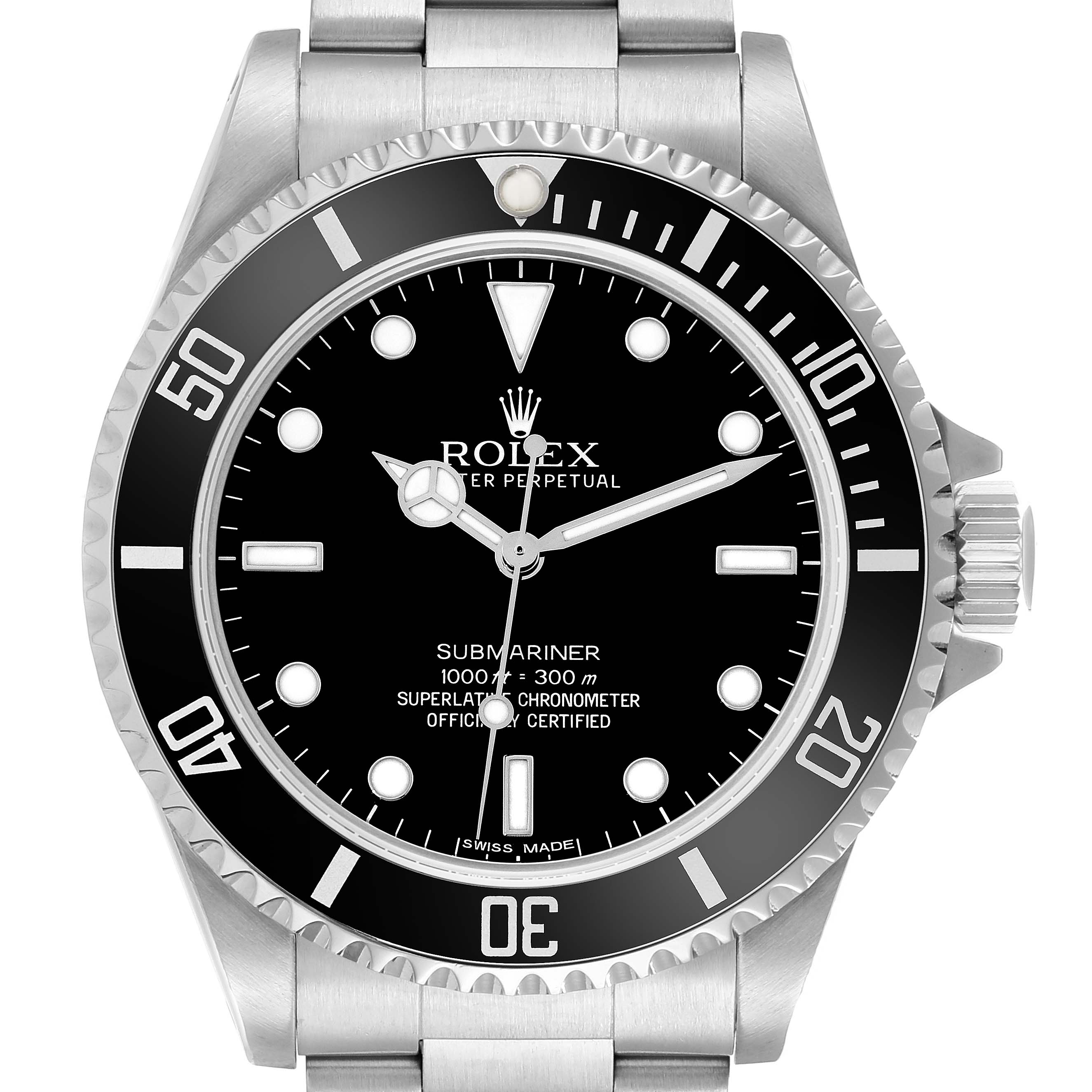 The image shows a front view of a Rolex Submariner 14060M Men
s Stainless Steel Black Dial watch, displaying the dial, bezel, and part of the bracelet.