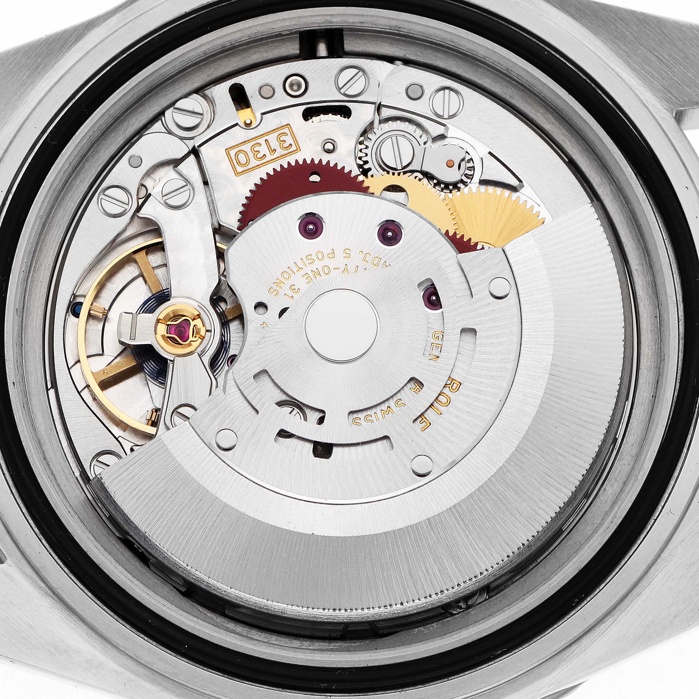 The image shows the back view of the Rolex Submariner 14060M Men
s Stainless Steel Black Dial, highlighting the movement and mechanical components.