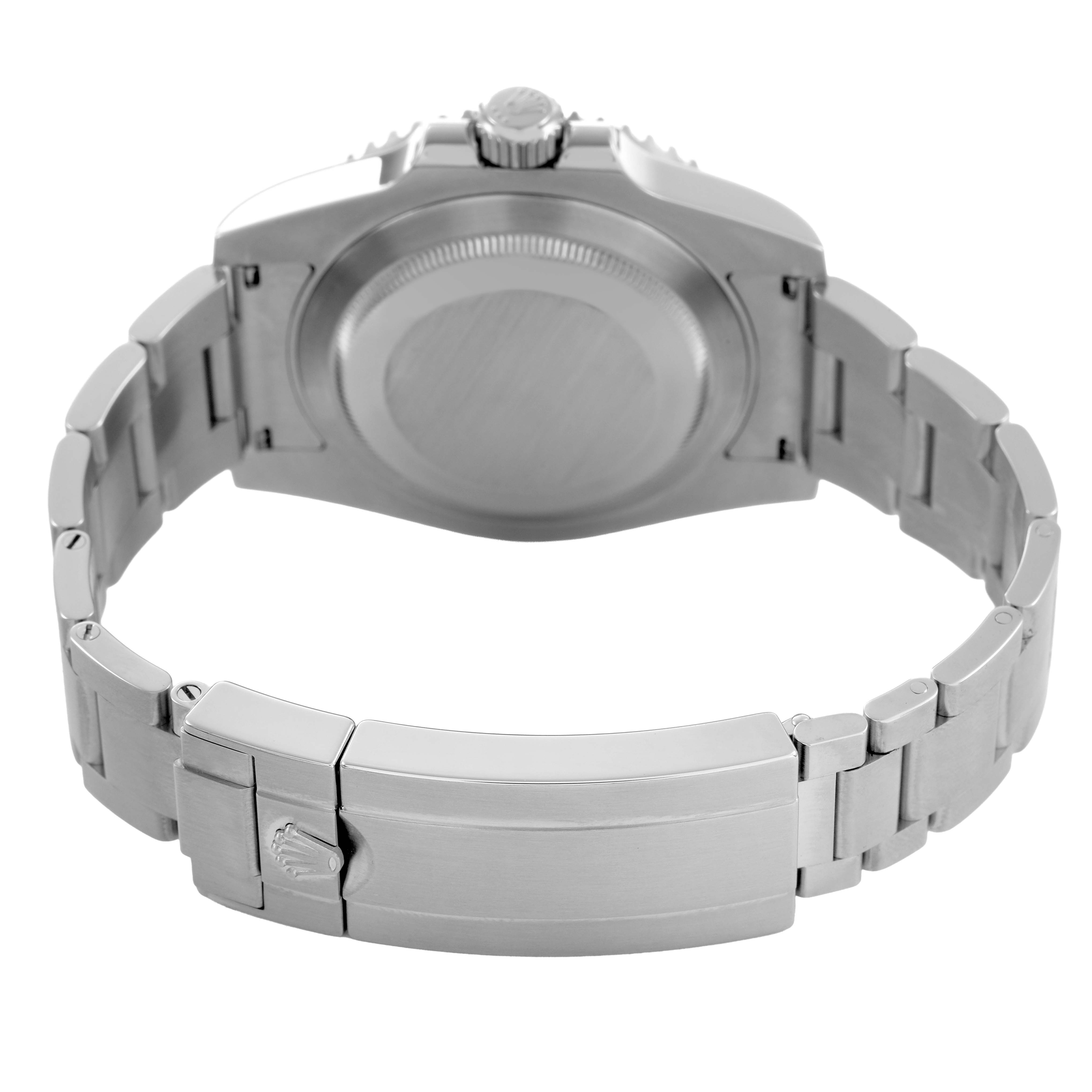The image shows the back case and clasp of the Rolex Submariner 114060 Men's Stainless Steel Black Dial watch from a rear angle.