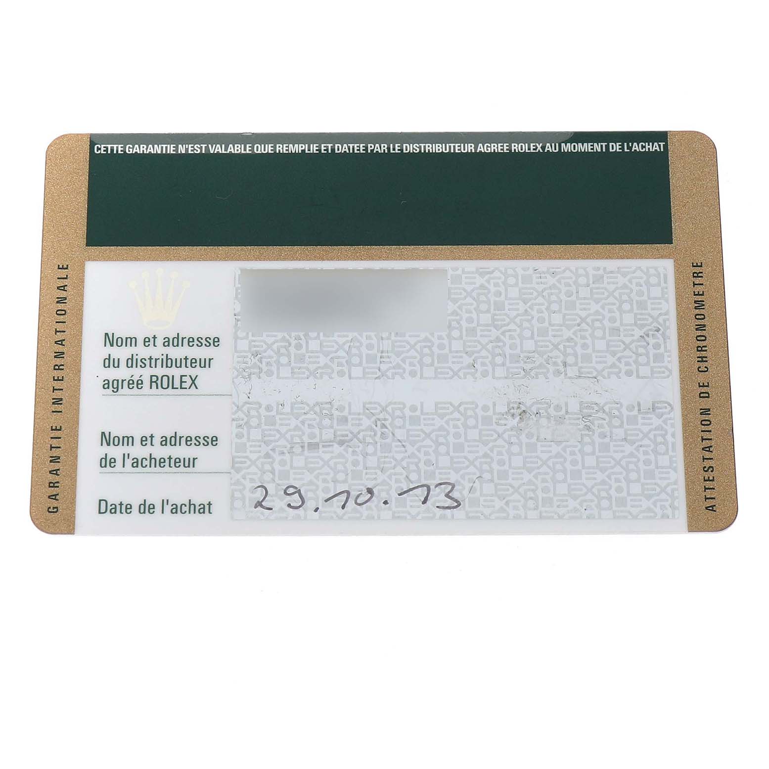 The image shows the guarantee card for a Rolex Submariner 114060 Men's Stainless Steel Black Dial watch, displaying purchase details.