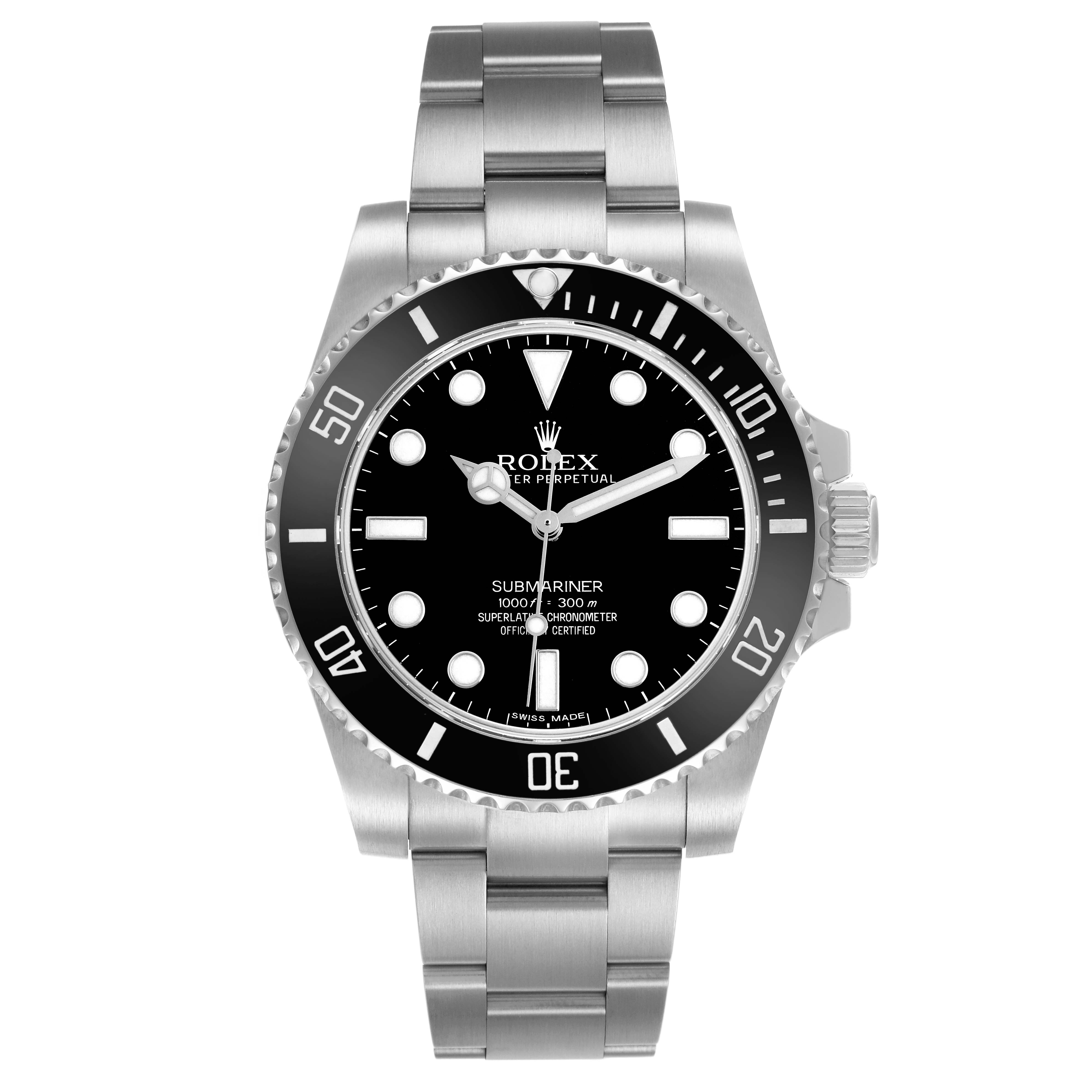 The image shows a front view of the Rolex Submariner 114060 Men's Stainless Steel Black Dial, displaying its bezel, dial, bracelet, and crown.