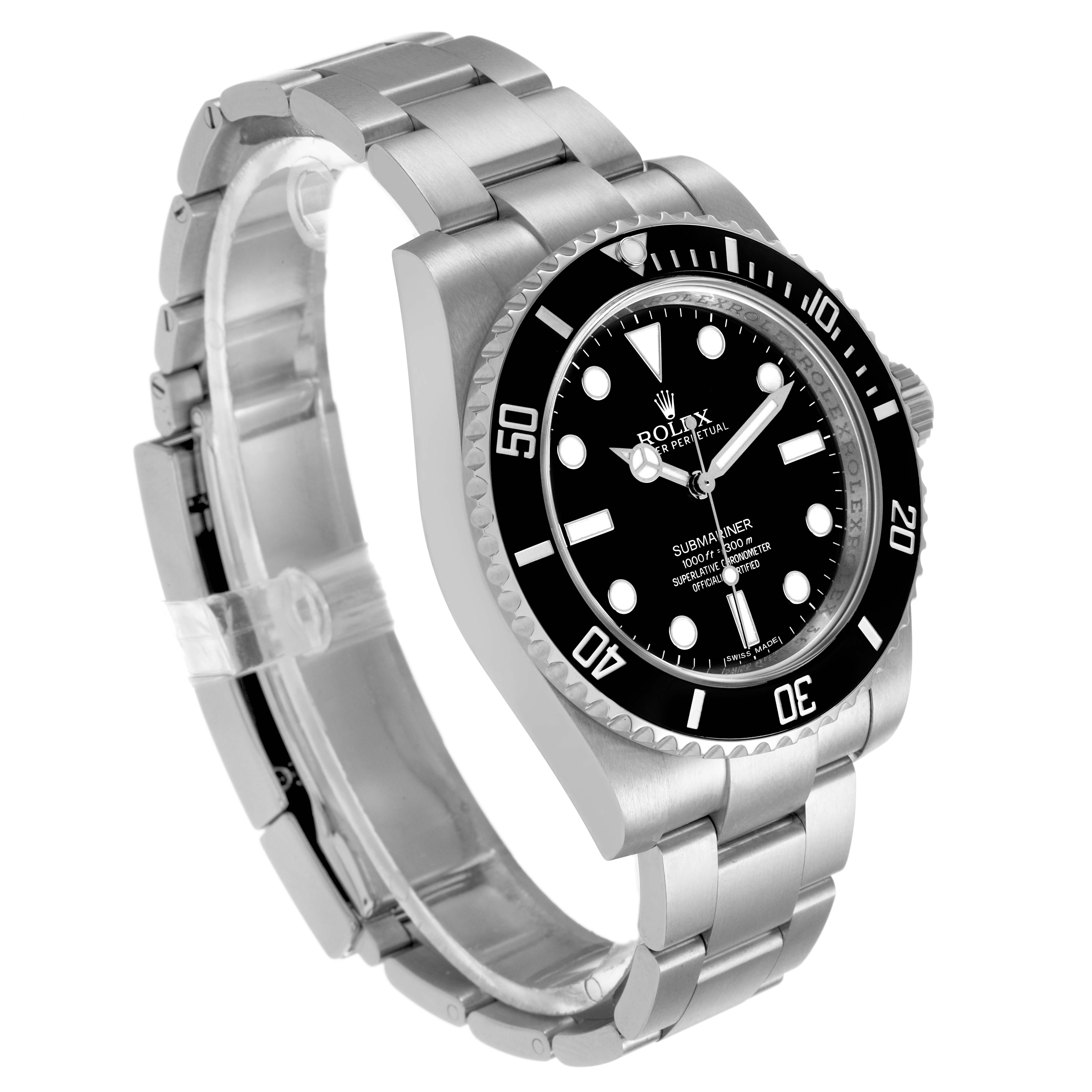 The Rolex Submariner 114060 Men's Stainless Steel Black Dial watch is shown at a slight angle, highlighting the bezel, dial, and bracelet elegantly.