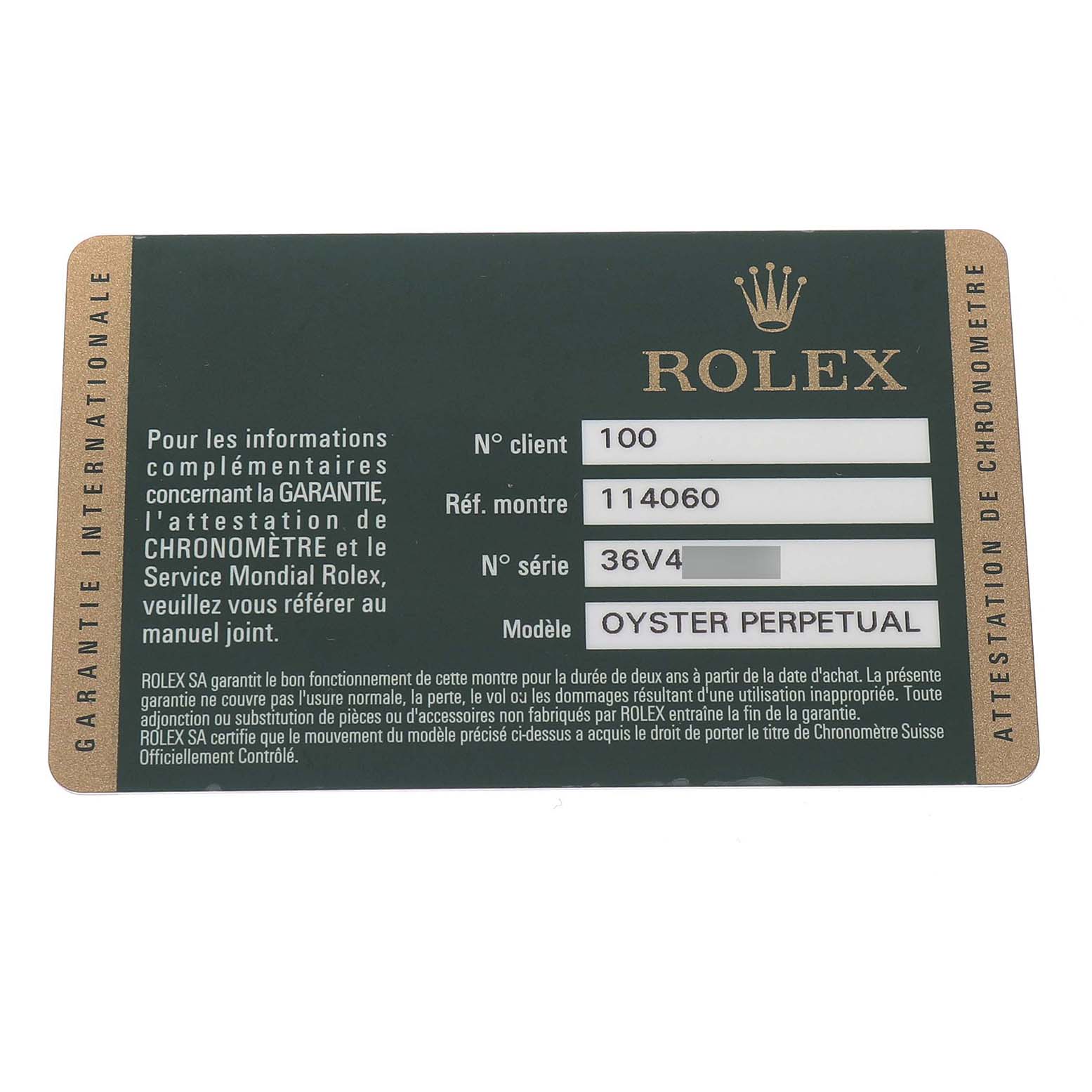 The image shows a warranty card for a Rolex Submariner 114060 Men's Stainless Steel Black Dial model, including model information and serial number.