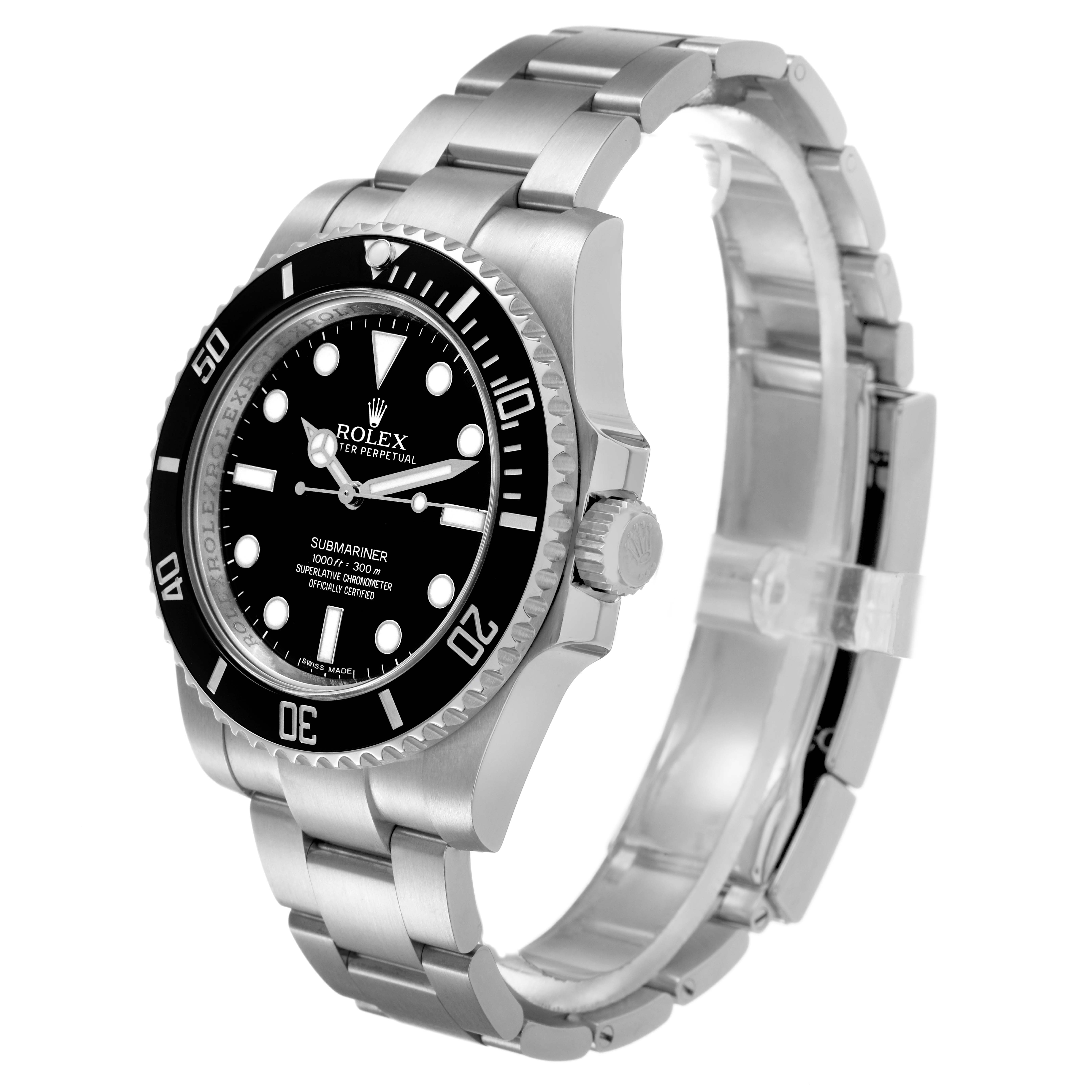 The Rolex Submariner 114060 Men's Stainless Steel Black Dial watch is shown at a three-quarter angle, displaying the face, bezel, crown, and bracelet.