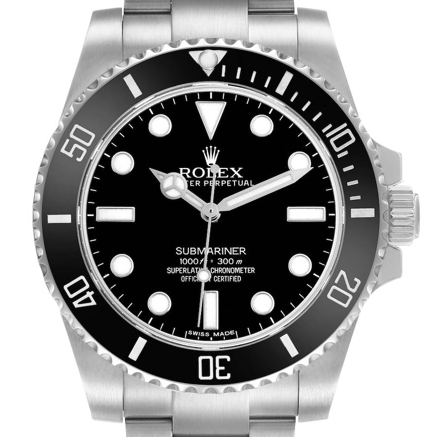 The Rolex Submariner 114060 Men's Stainless Steel Black Dial is shown from a front angle, displaying the dial, bezel, crown, and part of the bracelet.
