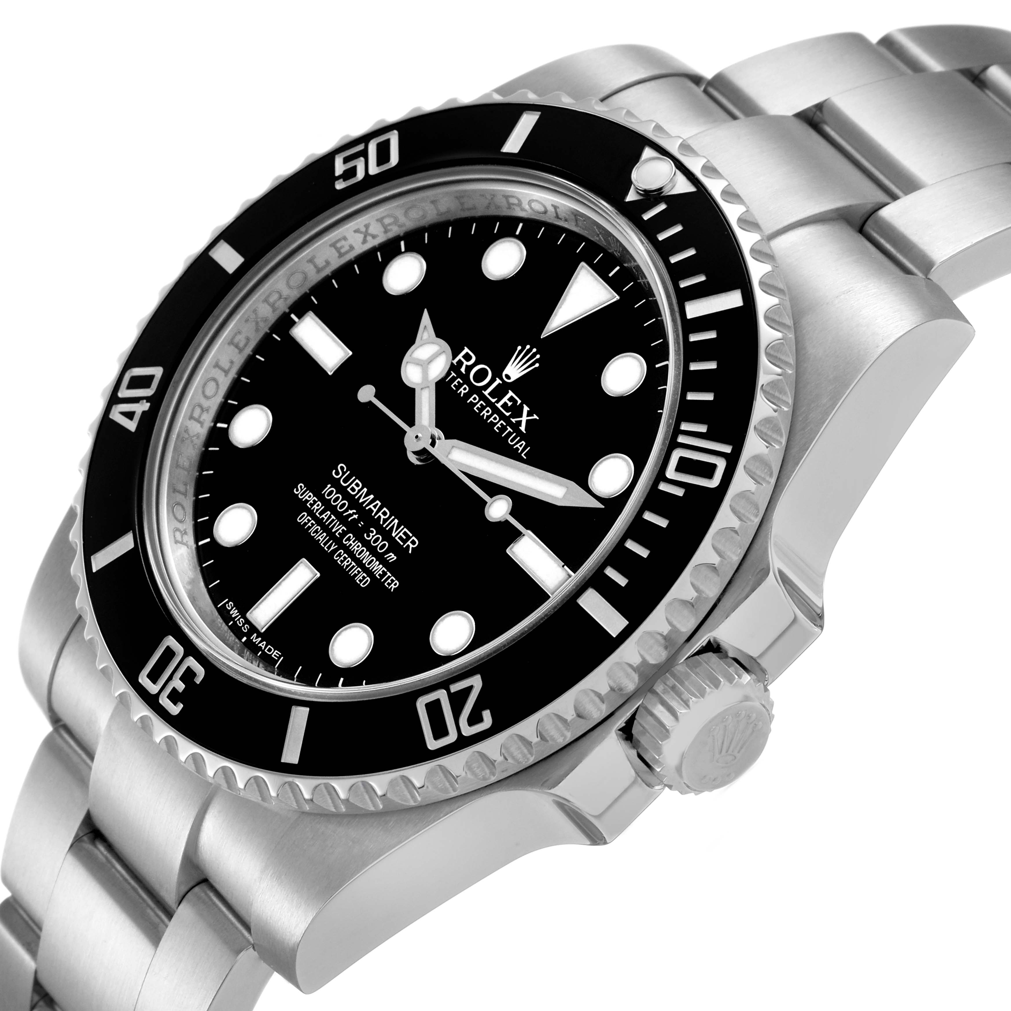 The image shows a side-angle view of the Rolex Submariner 114060 Men's Stainless Steel Black Dial, highlighting its bezel, dial, crown, and bracelet.