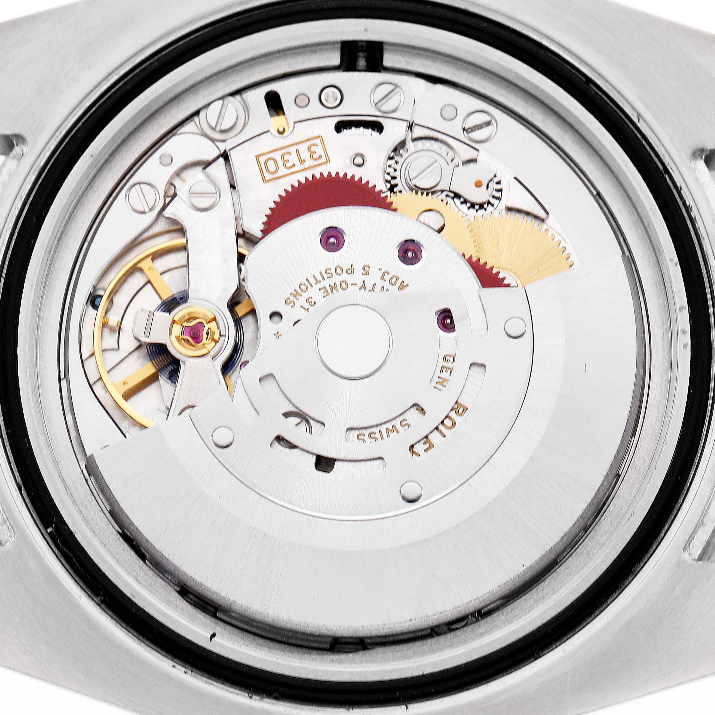 The image shows the back view of a Rolex Submariner 114060 Men's Stainless Steel Black Dial, highlighting its intricate movement components.