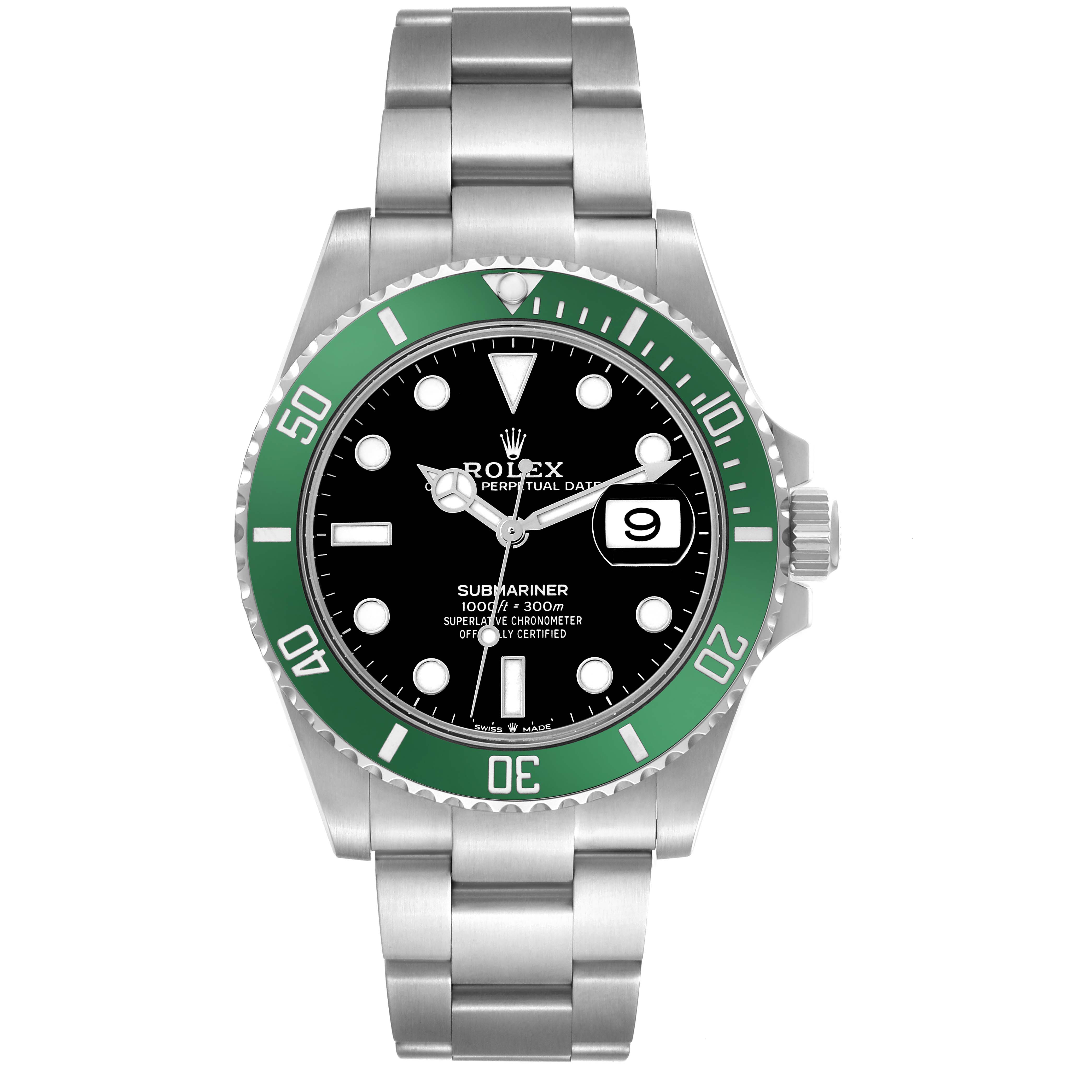The Rolex Submariner 126610LV Men
s Stainless Steel Black Dial is shown from the front, displaying the dial, bezel, bracelet, and crown.