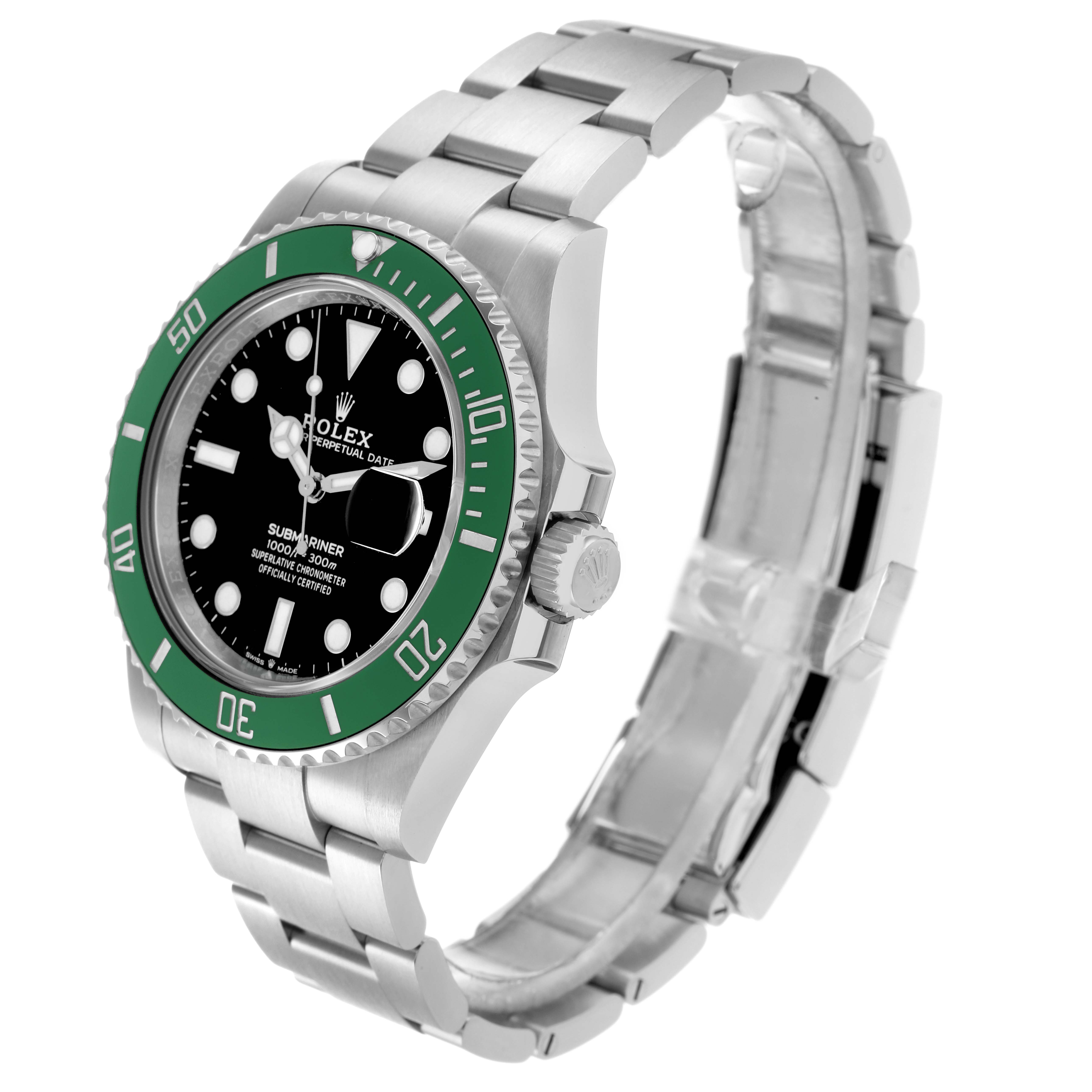 The Rolex Submariner 126610LV Men
s Stainless Steel Black Dial is shown at a three-quarter angle, highlighting its green bezel, black dial, crown, and stainless steel bracelet.